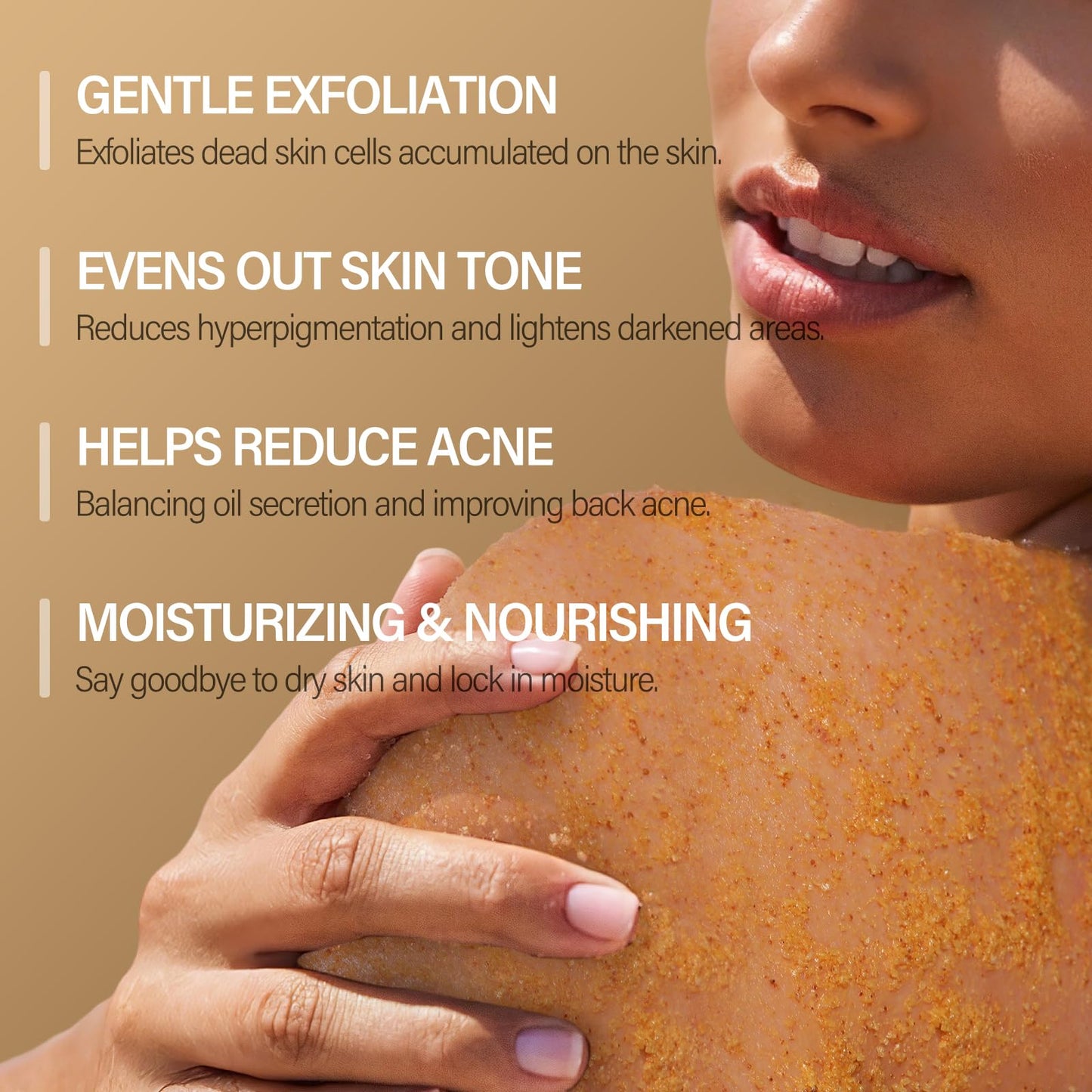 MOSRROU exfoliating body exfoliator jar open displaying granular yellow scrub texture
