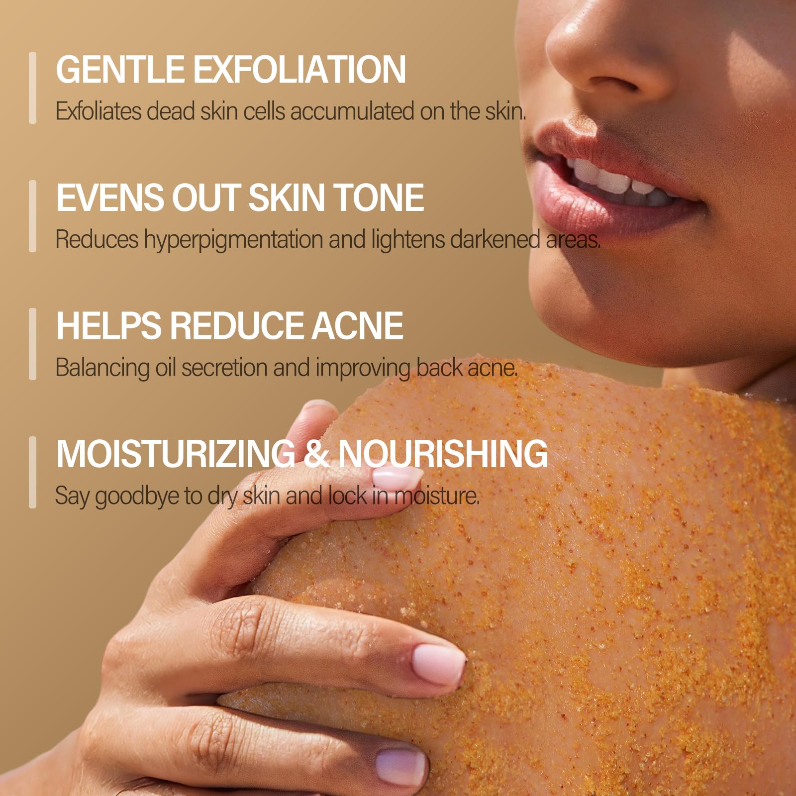 MOSRROU exfoliating body exfoliator jar open displaying granular yellow scrub texture