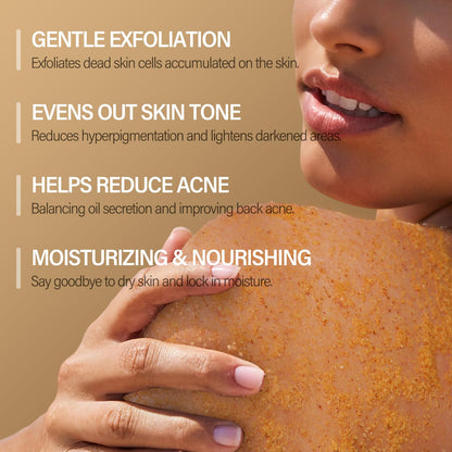 MOSRROU exfoliating body exfoliator jar open displaying granular yellow scrub texture