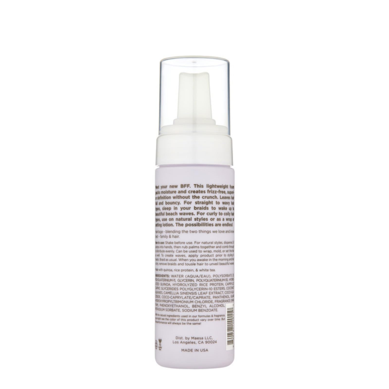 Hairitage curl mousse bottle showing quinoa and rice protein label