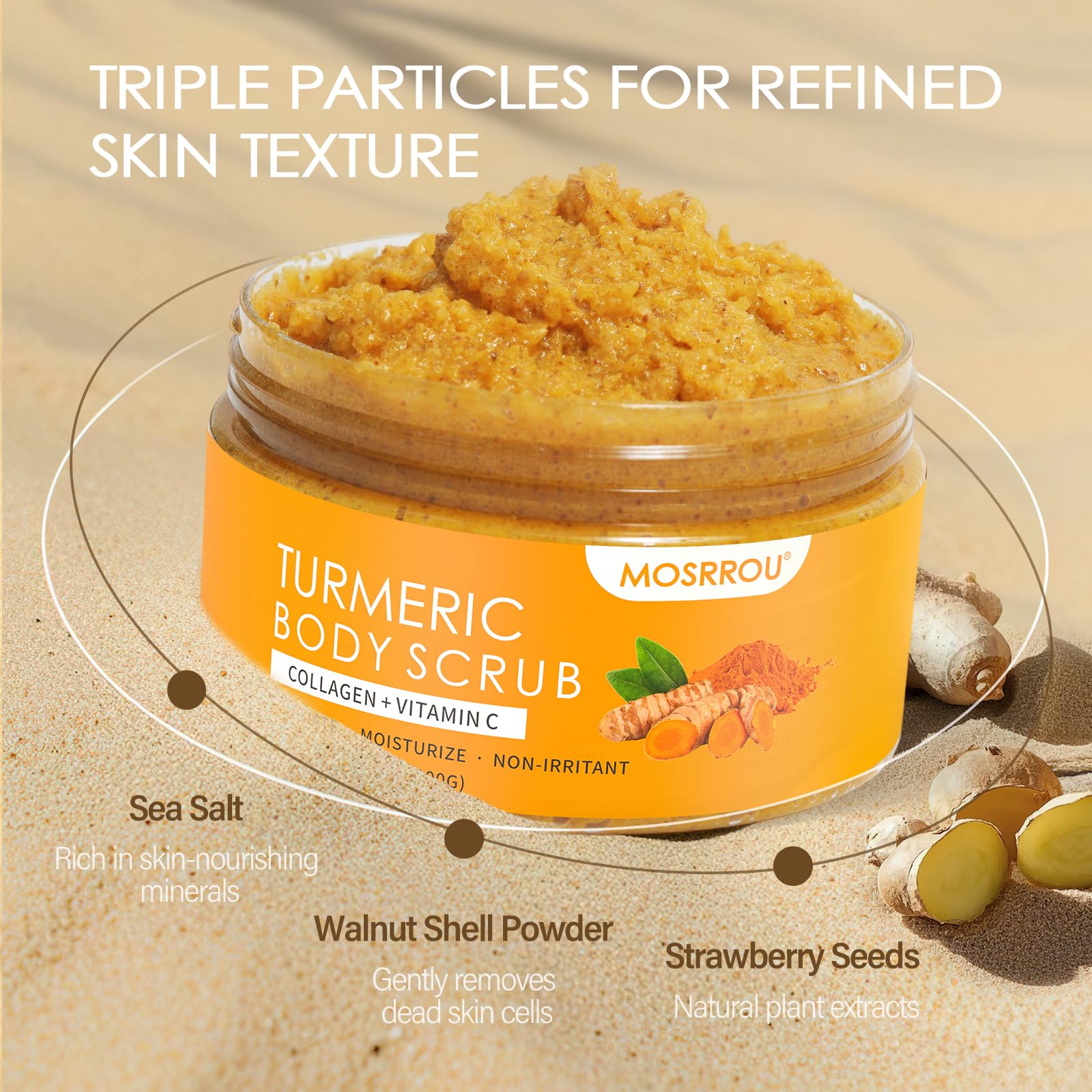 Close up view of MOSRROU vitamin C body scrub showing rich granular formulation with coconut oil