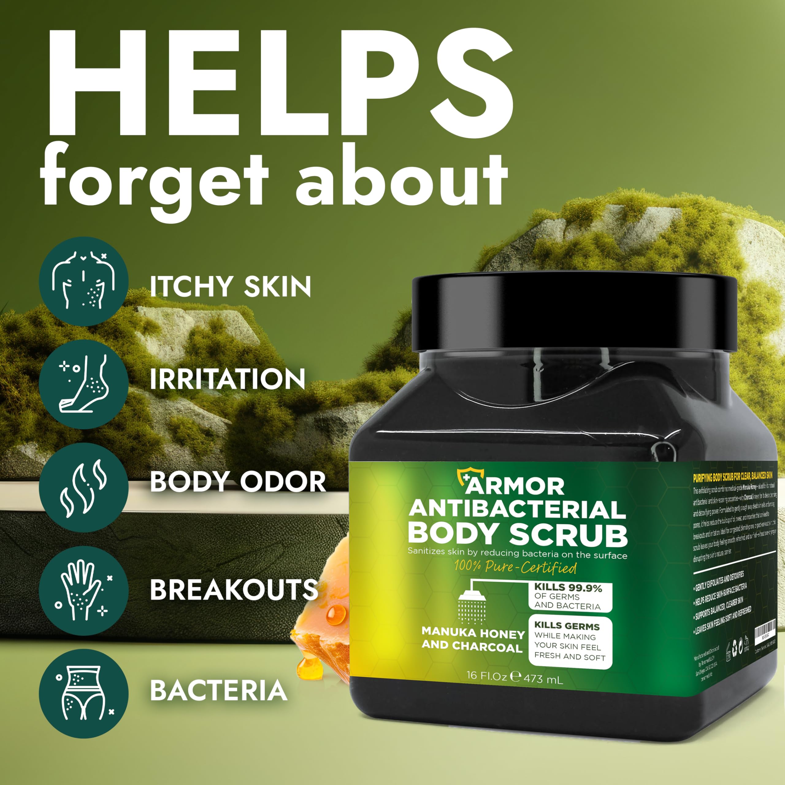 Terramed antibacterial exfoliating scrub with charcoal and manuka honey for deep cleansing