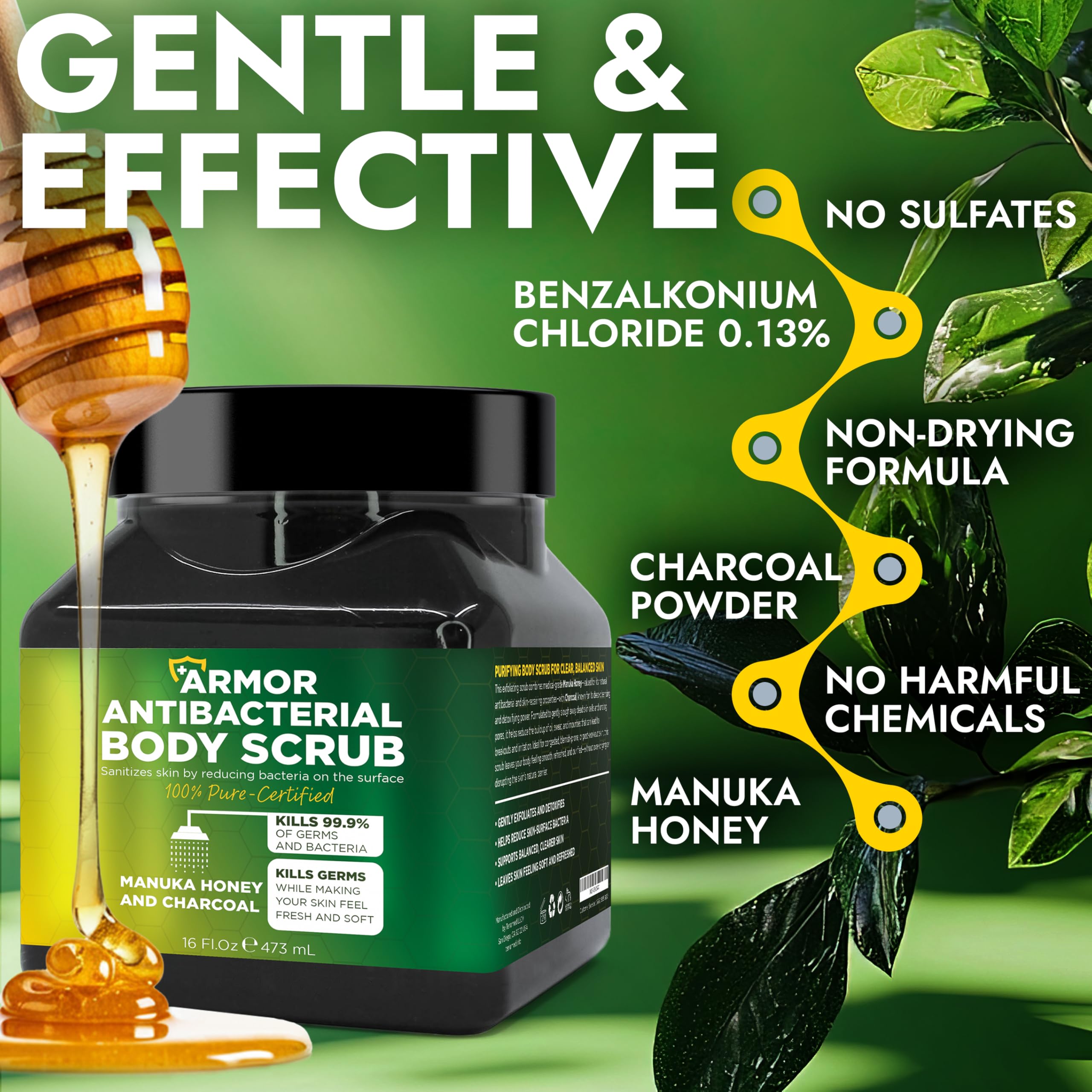 Back label of Terramed antibacterial body scrub showing ingredients and usage instructions