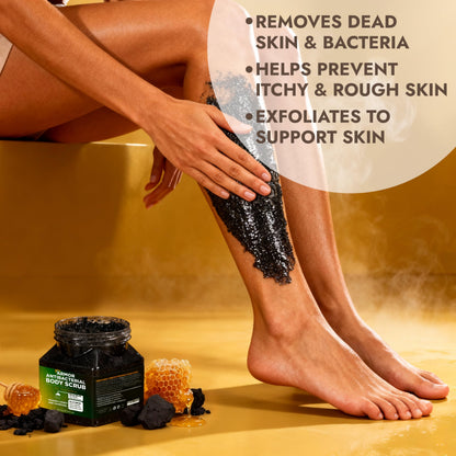 Terramed Just Think Comfort purifying charcoal scrub being applied to smooth the skin barrier