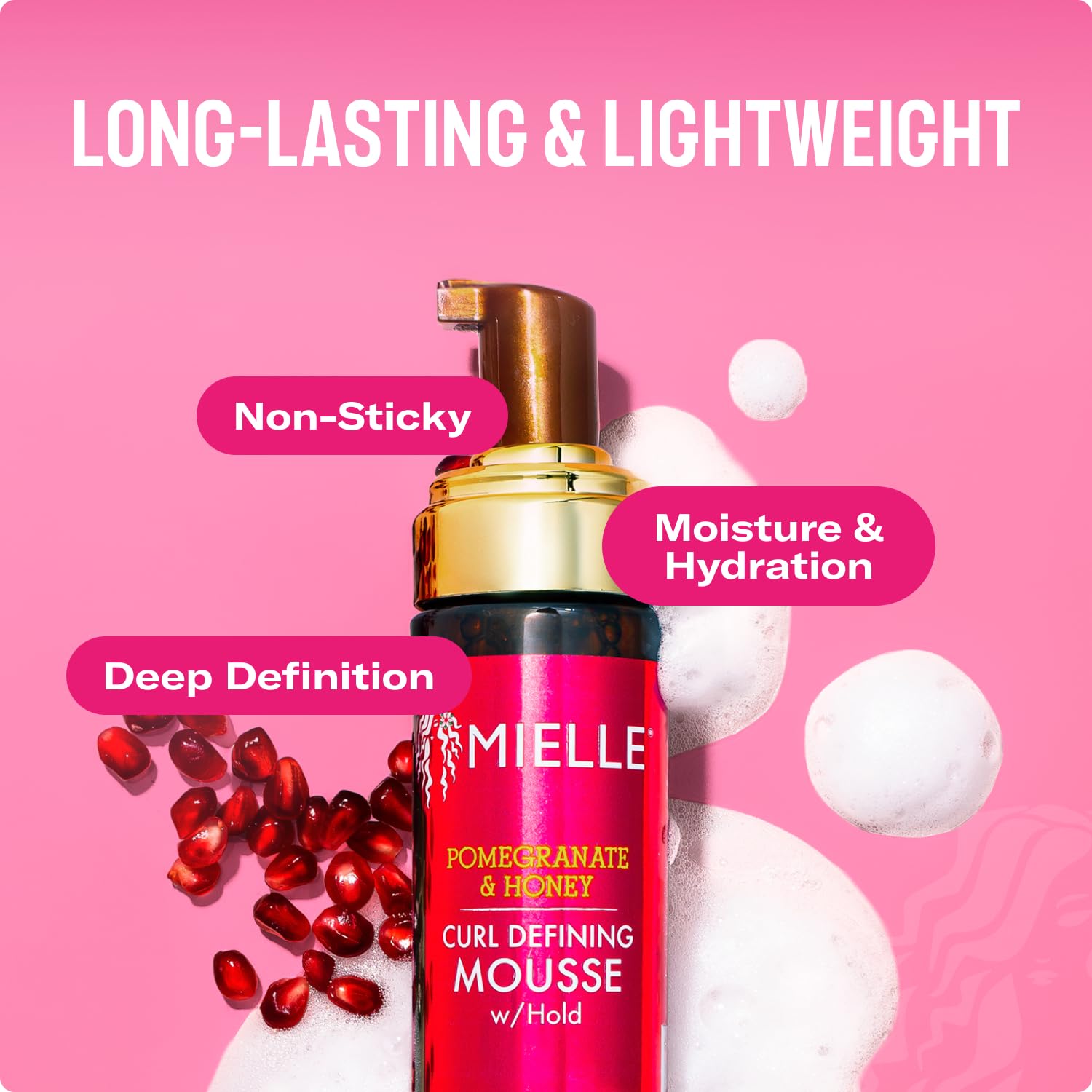 Authentic Mielle Pomegranate and Honey styling foam bottle close up