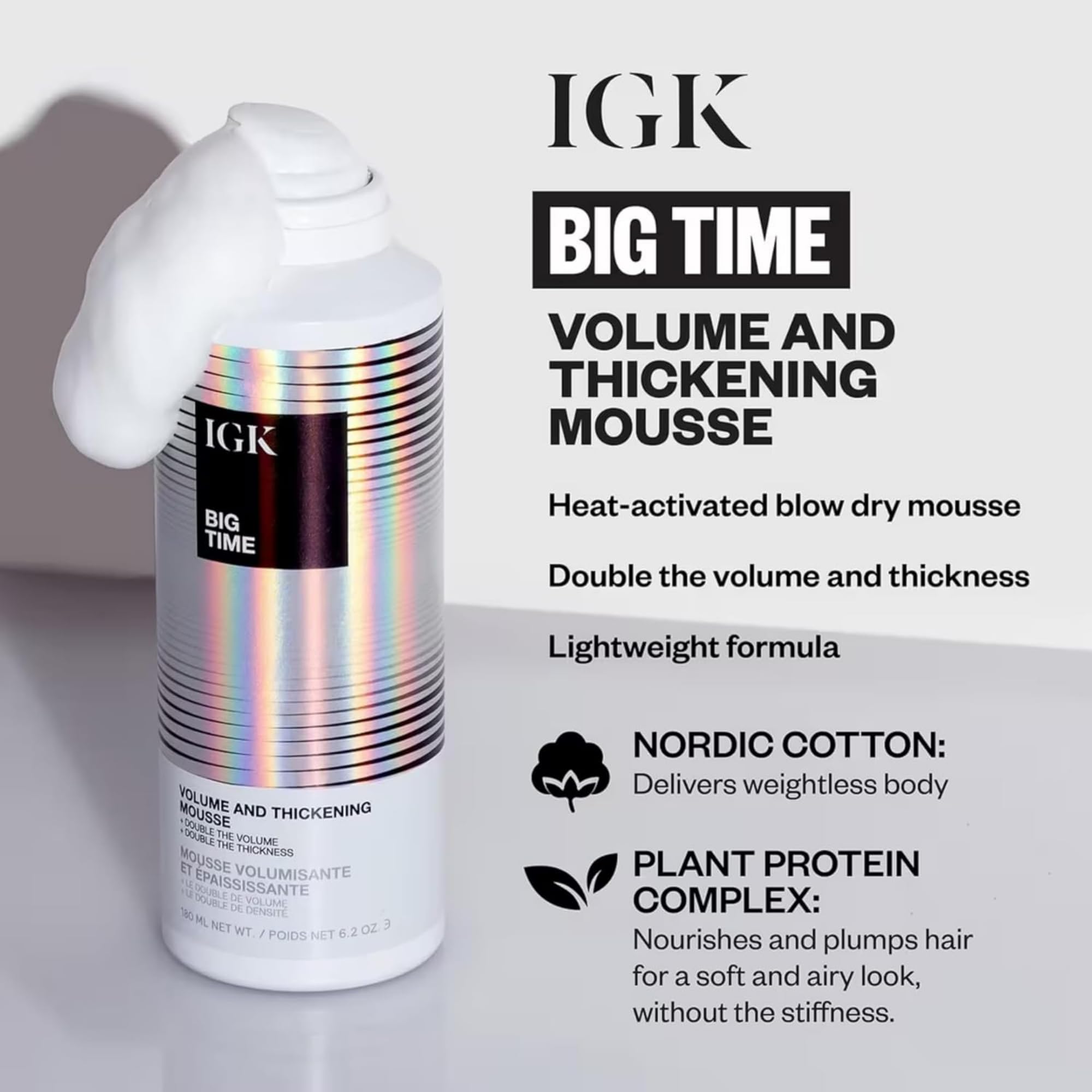 Lightweight thickening styling foam formula container detailing flexible hold and frizz control benefits