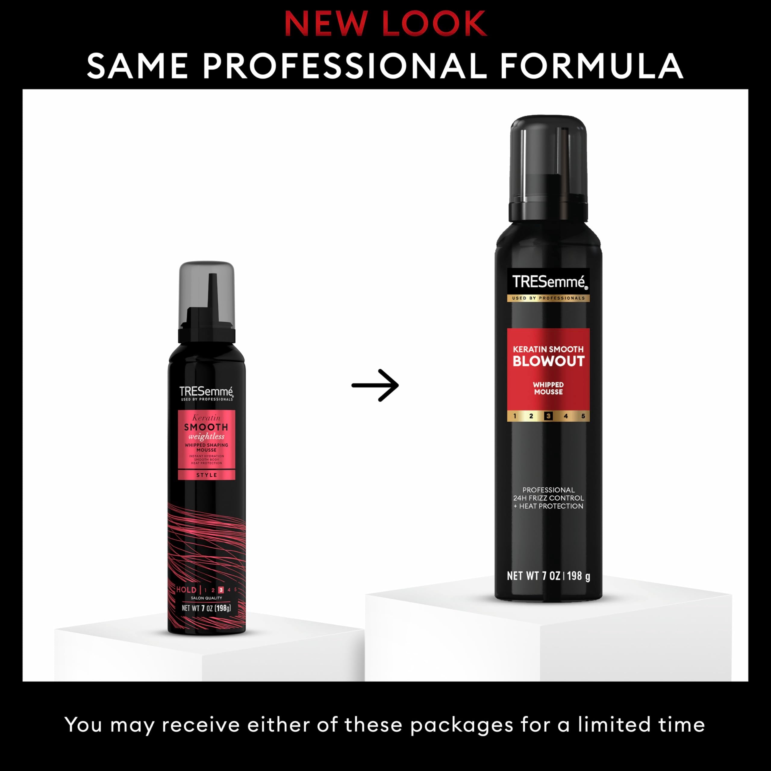 Back of TRESemmÃ© Keratin Smooth Mousse bottle with product details