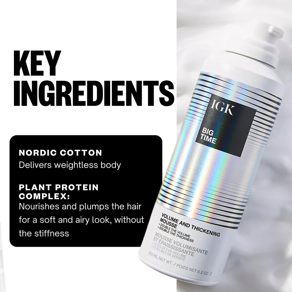 Professional blow dry volumizing mousse canister showing usage instructions and clean beauty certifications