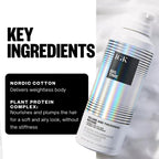 Professional blow dry volumizing mousse canister showing usage instructions and clean beauty certifications