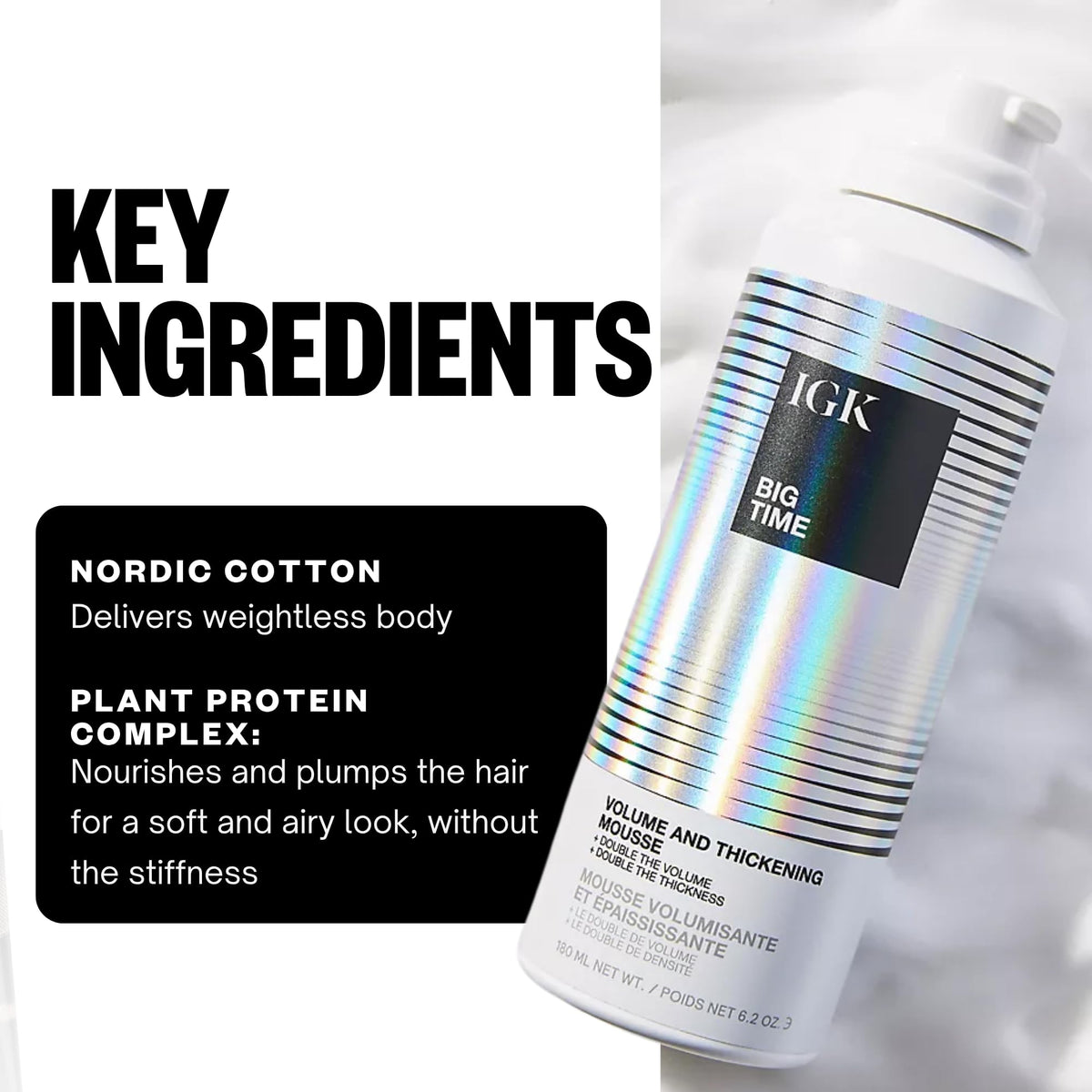 Professional blow dry volumizing mousse canister showing usage instructions and clean beauty certifications