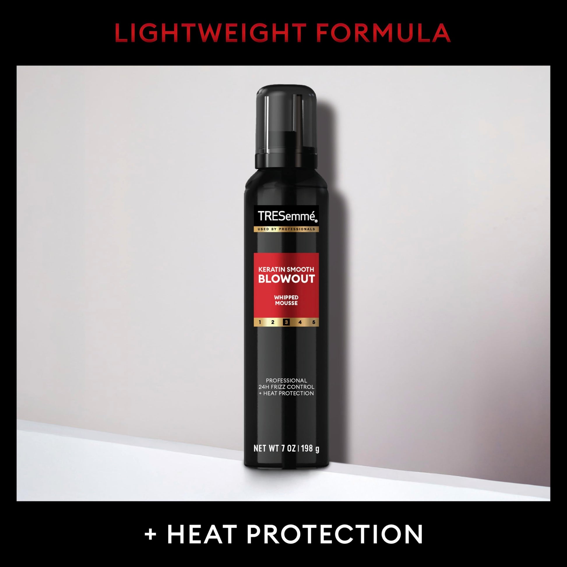Side view of TRESemmÃ© Keratin Smooth hair mousse packaging