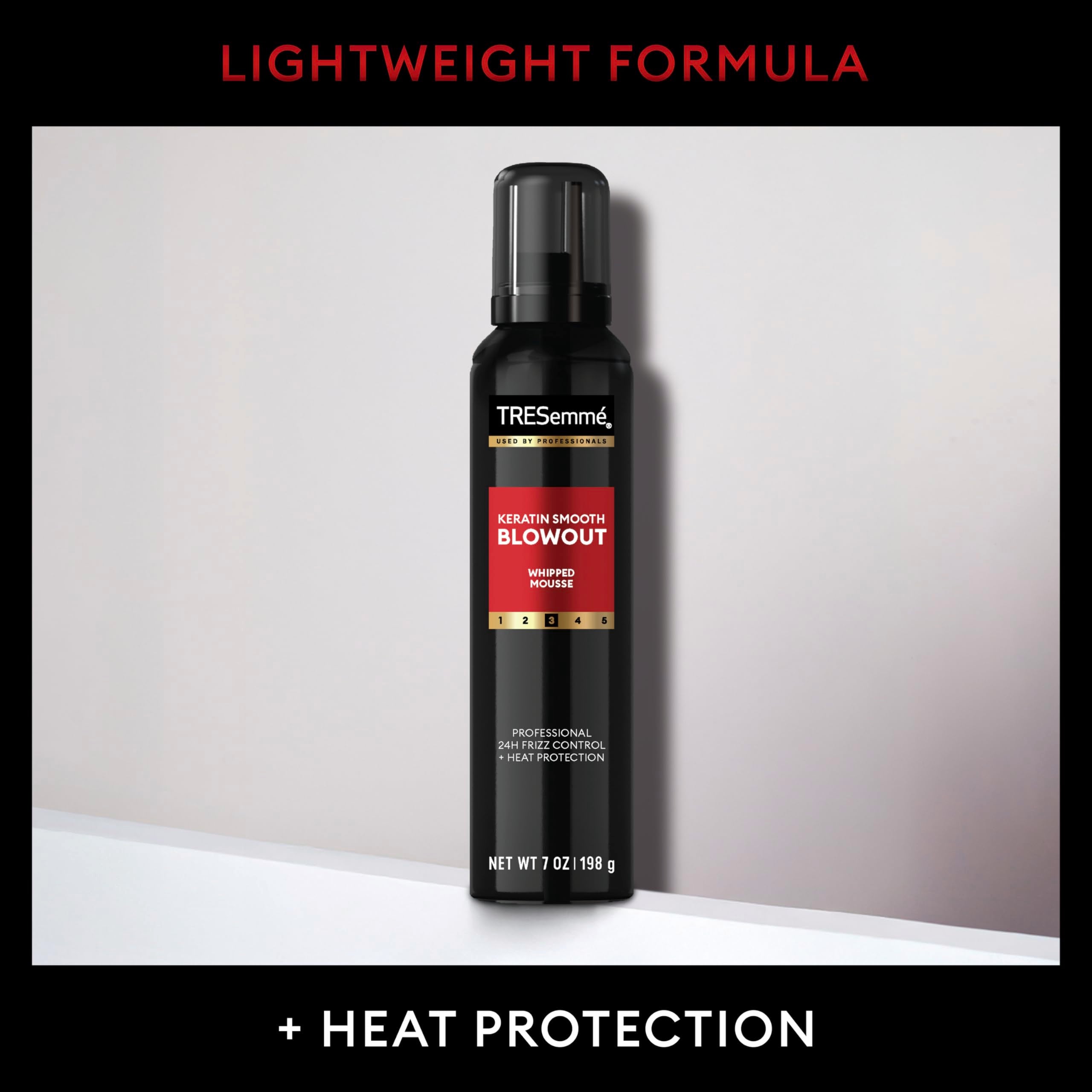 Side view of TRESemmÃ© Keratin Smooth hair mousse packaging