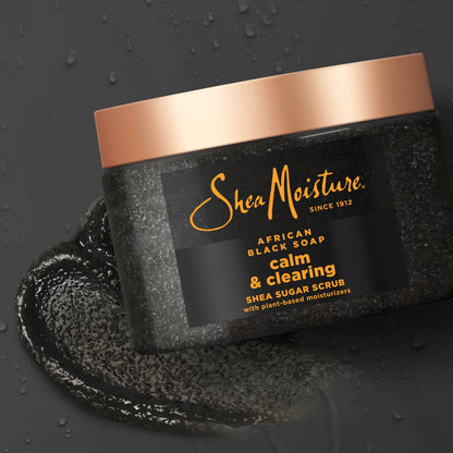 Back label details of SheaMoisture twelve ounce body scrub with ingredients list