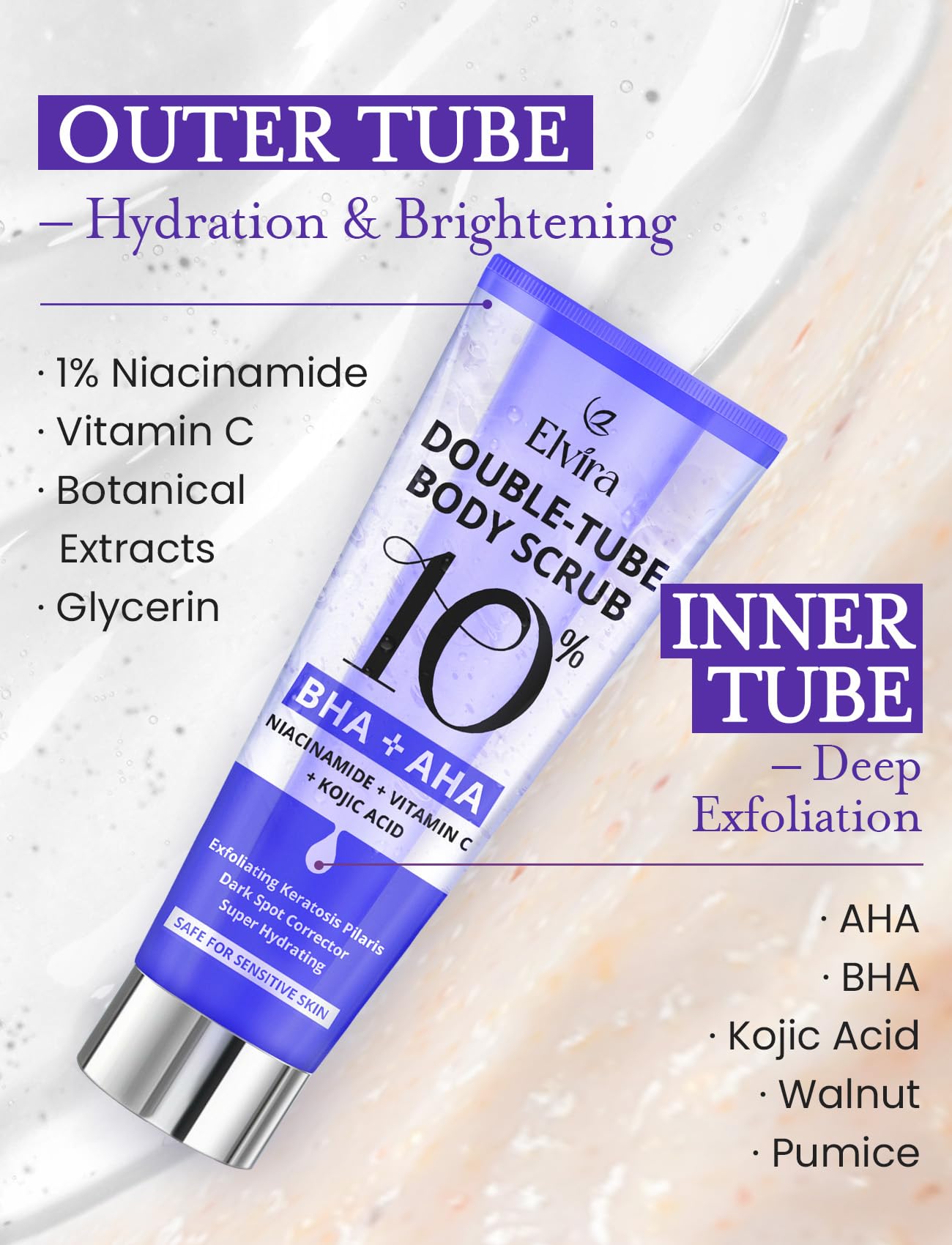 Elvira viral TikTok body scrub for clearing bumps and correcting dark spots on skin.