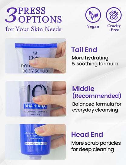 Application of Elvira dual action body scrub on wet skin for exfoliation.
