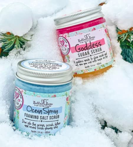 Vegan body scrub by Bella and Bear with floral label design