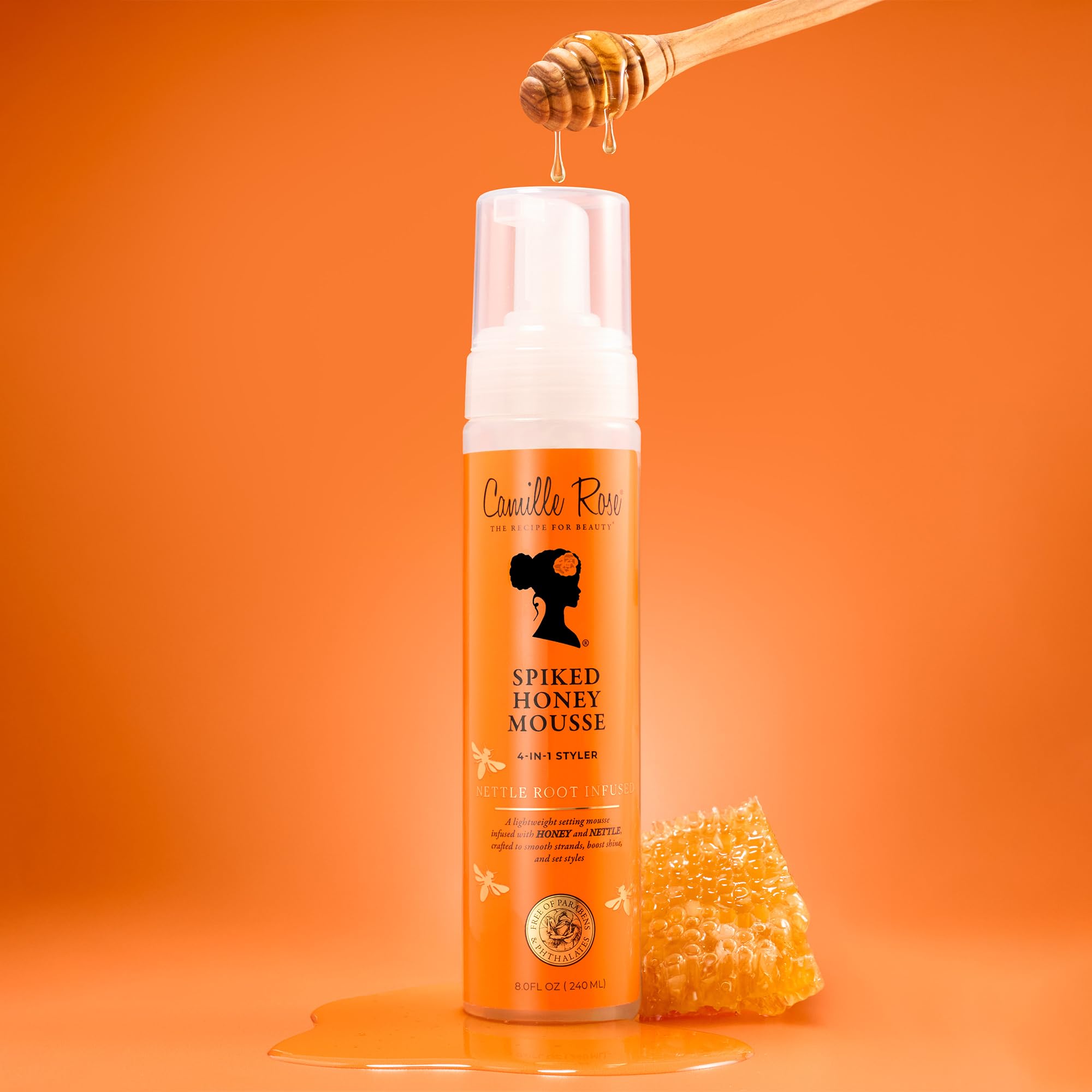 Back label of Camille Rose Spiked Honey Mousse listing natural ingredients like nettle root and rice water.