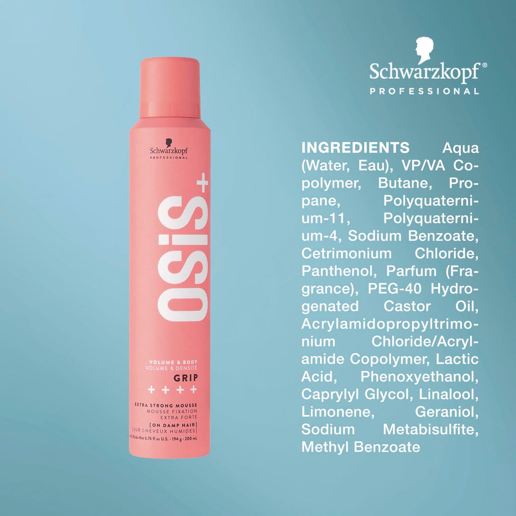 Back label of Schwarzkopf OSiS Grip Volume Mousse detailing ingredients and usage instructions.