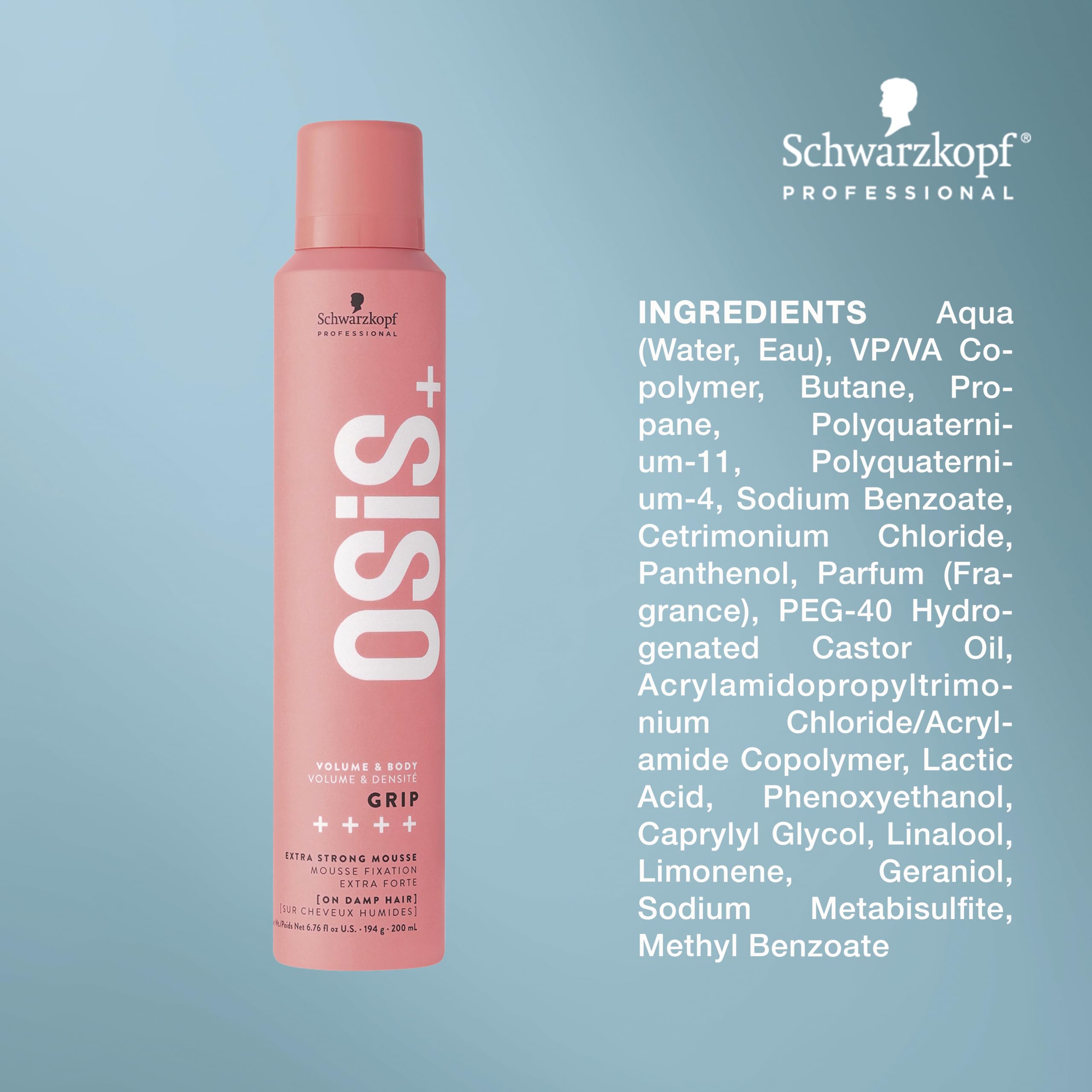 Back label of Schwarzkopf OSiS Grip Volume Mousse detailing ingredients and usage instructions.