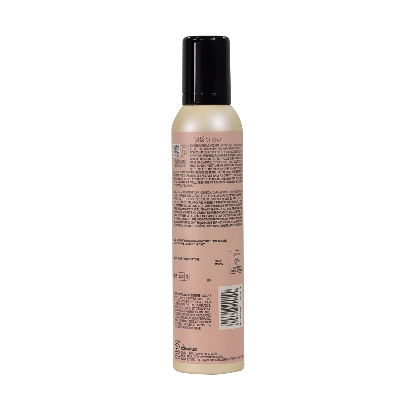 Davines volume mousse 8.3 ounce canister angled view displaying product details.