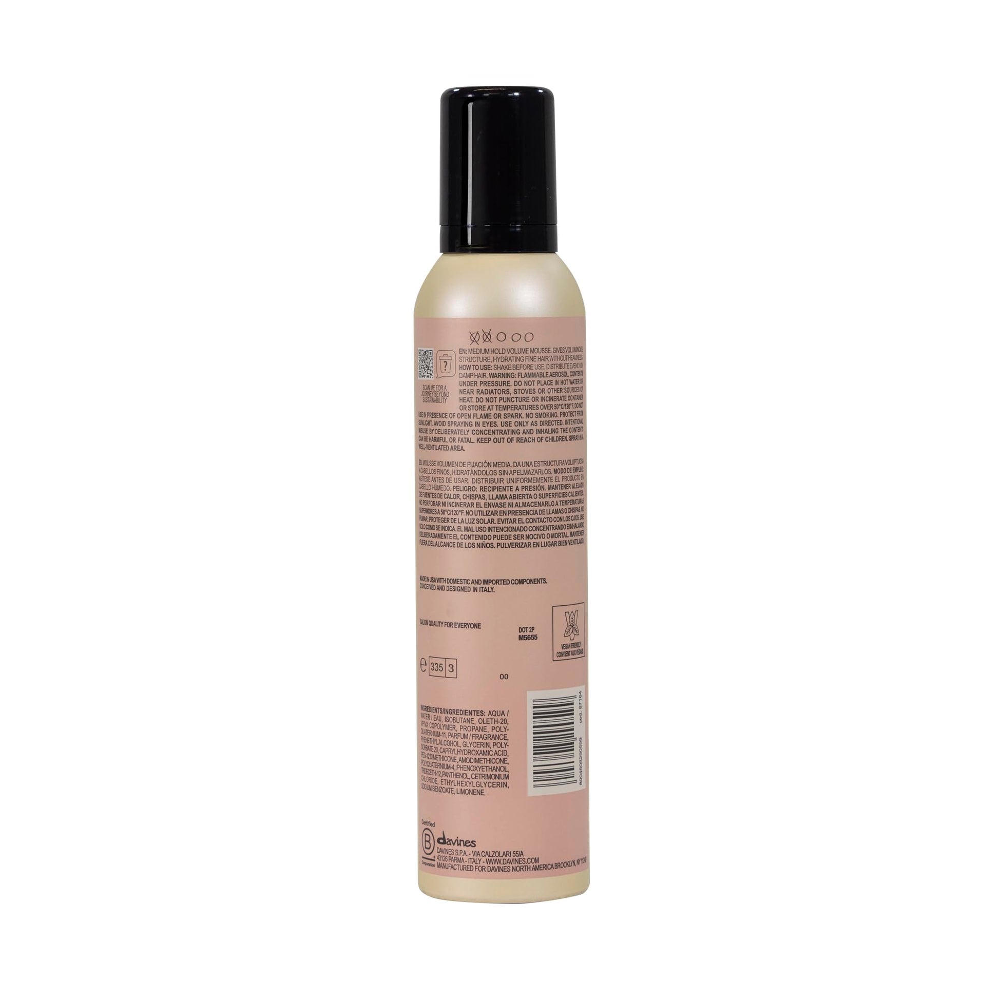 Davines volume mousse 8.3 ounce canister angled view displaying product details.