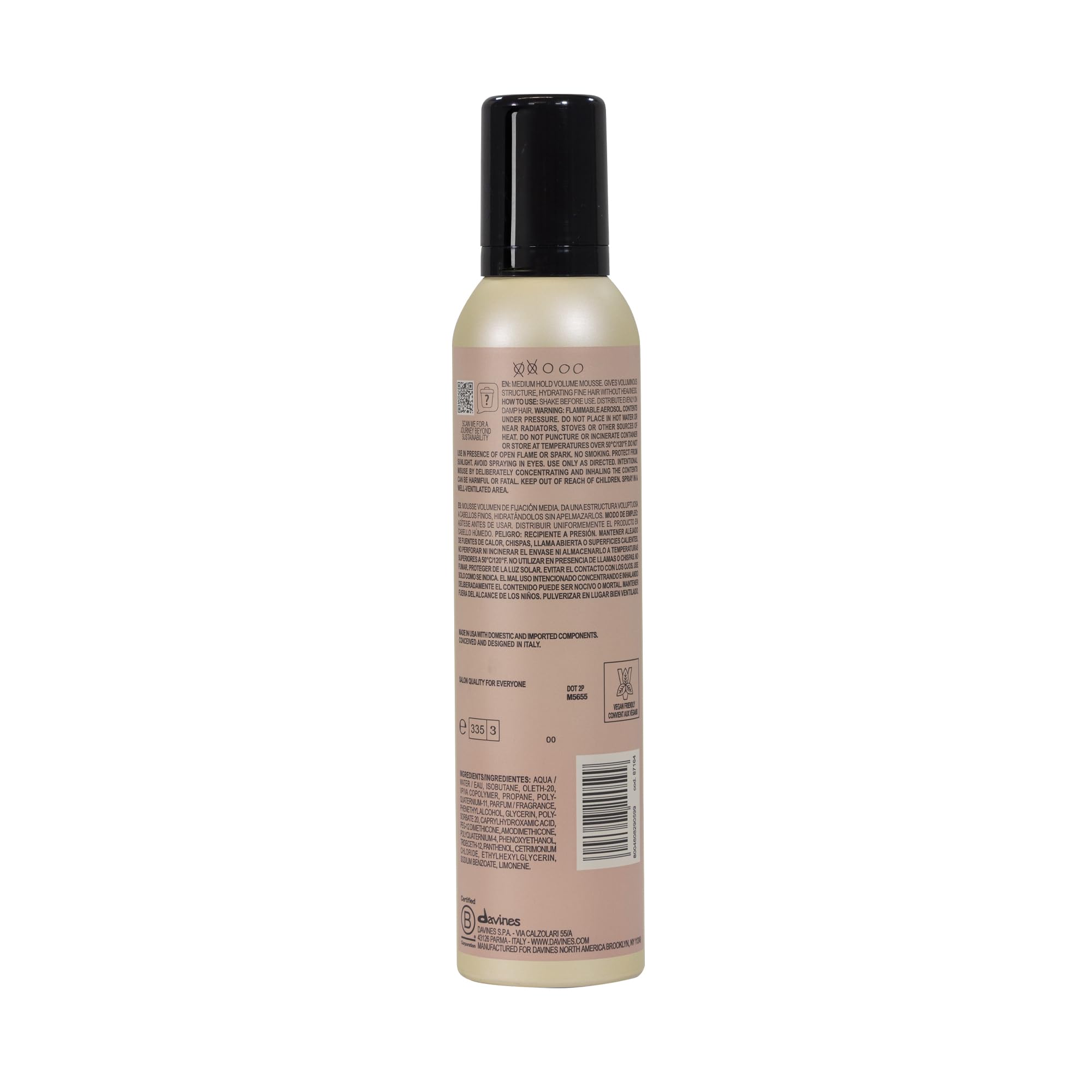 Davines volume mousse 8.3 ounce canister angled view displaying product details.