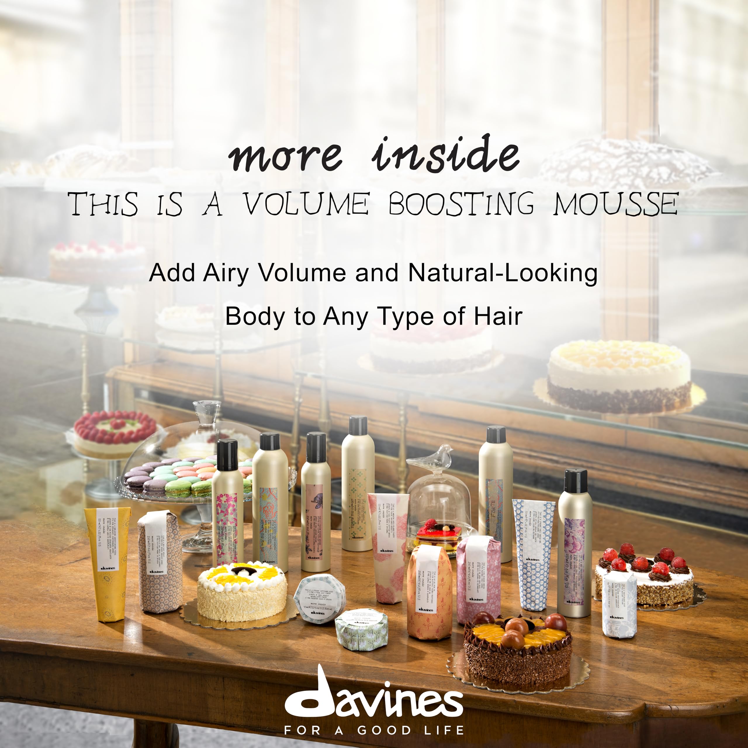 Davines imported salon-grade volumizing hair mousse for adding airy body.