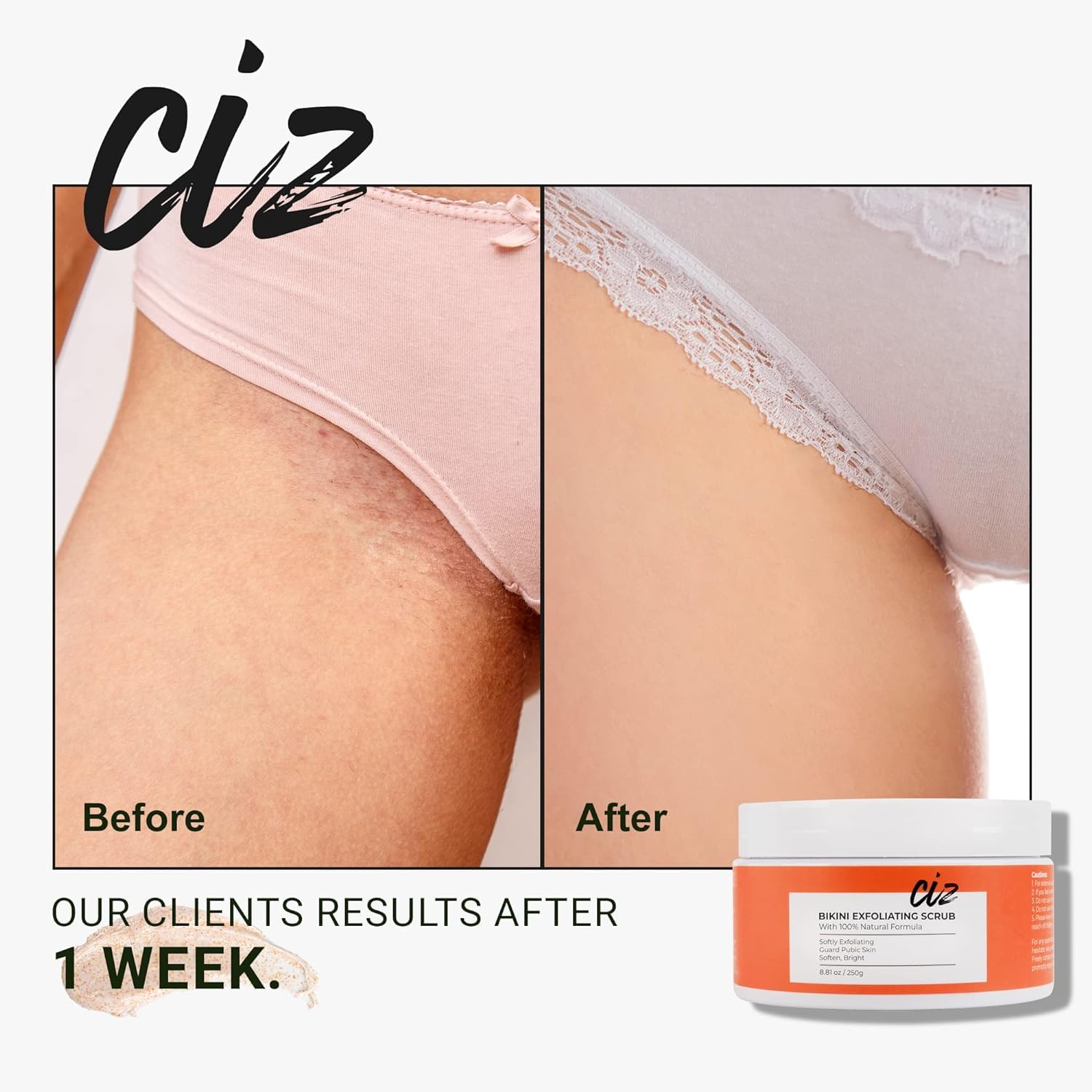 CIZ Exfoliating Scrub for Bikini Area texture showing natural creamy sugar crystals