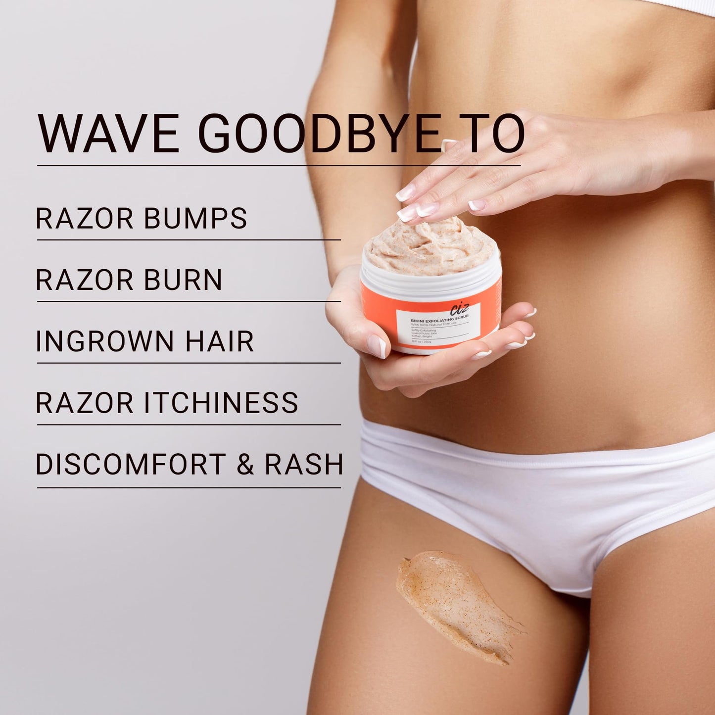 CIZ Sugar Scrub for Bikini Area 250g container with secure lid close up