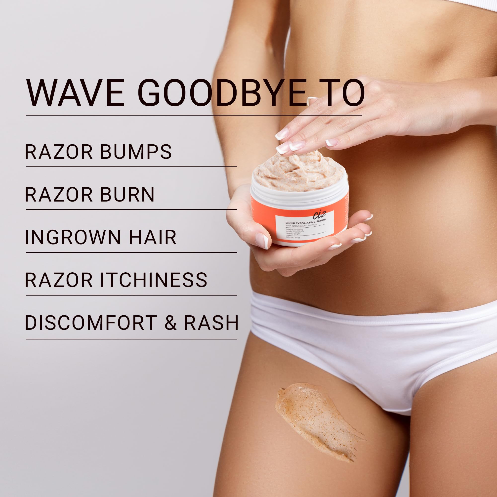 CIZ Sugar Scrub for Bikini Area 250g container with secure lid close up