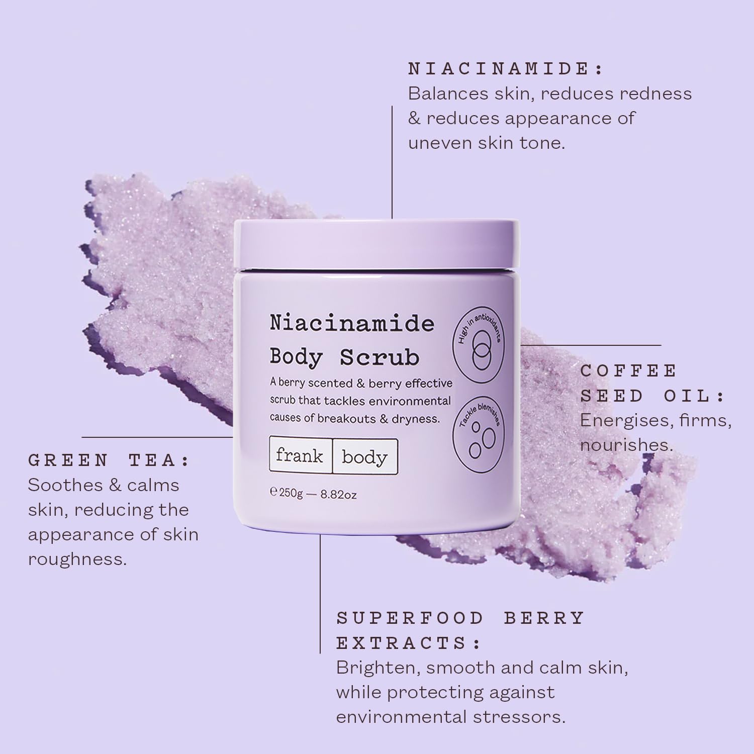 Frank Body Niacinamide whipped exfoliating scrub texture closeup showing rich foaming consistency.