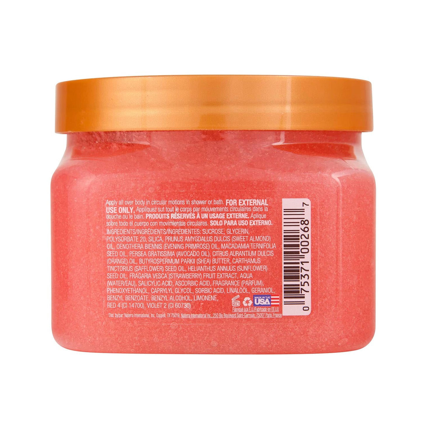 Tree Hut strawberry exfoliating body scrub open container showing real sugar crystals