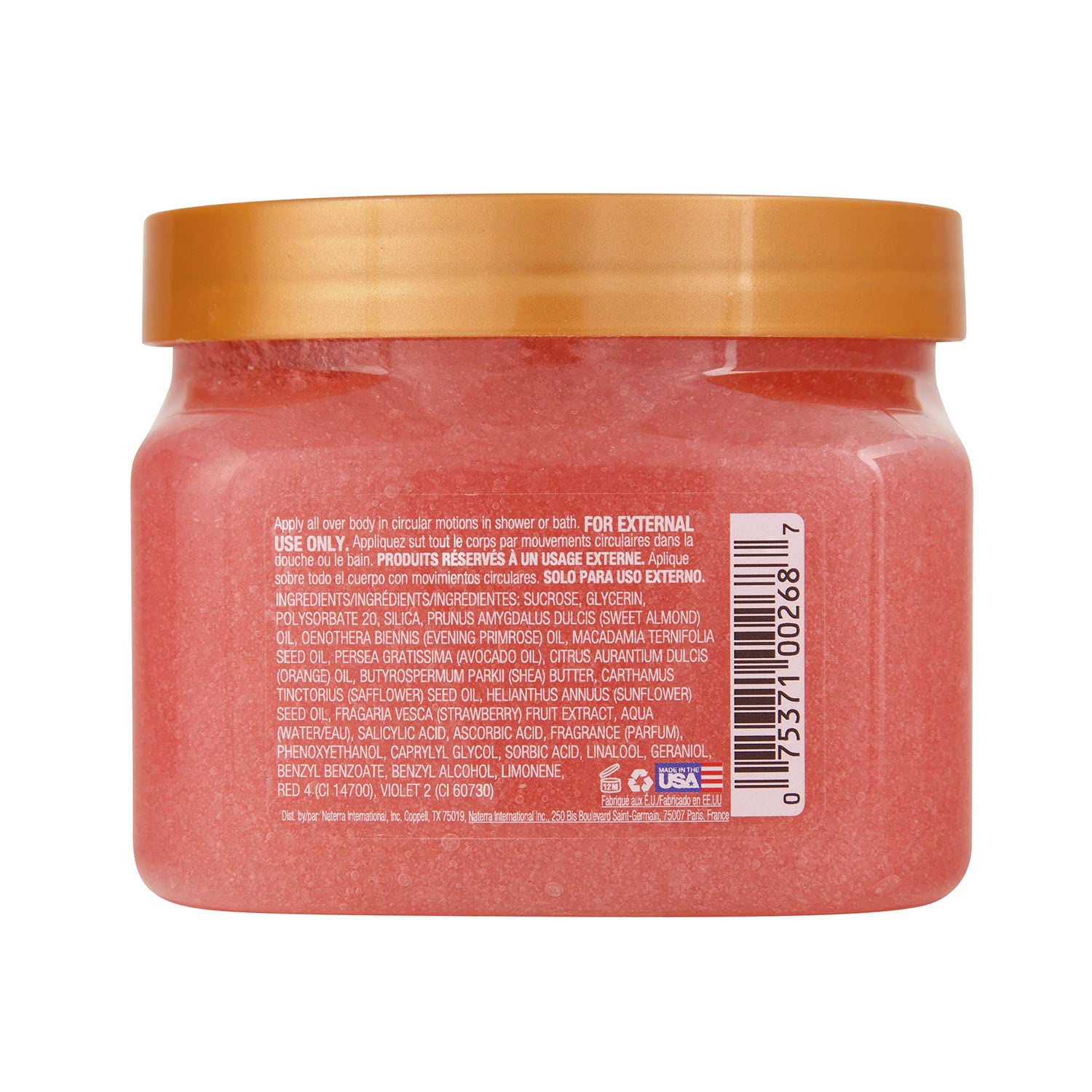 Tree Hut strawberry exfoliating body scrub open container showing real sugar crystals