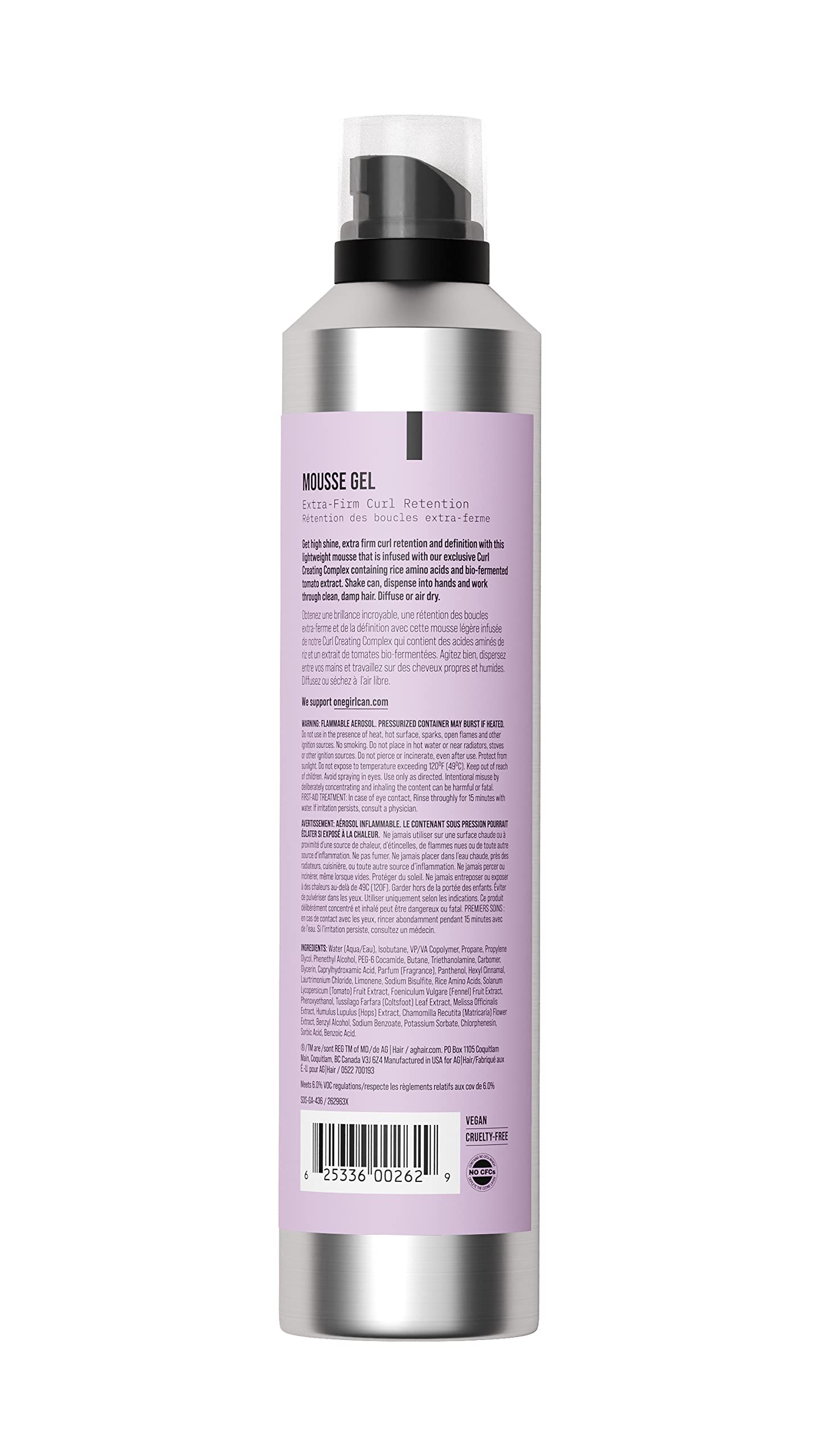 AG Care two in one curl styling mousse gel bottle showing product details and directions