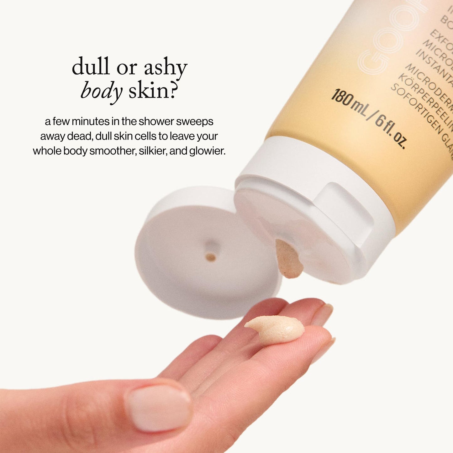 Goop Microderm Instant Glow Body Polish being applied during a luxury shower routine