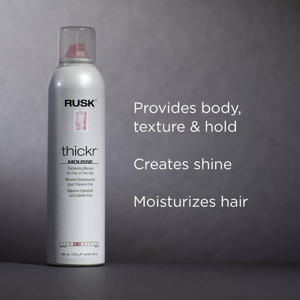 Back packaging label of Rusk Thickr Mousse highlighting Thermaplex formula and ingredients
