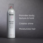 Back packaging label of Rusk Thickr Mousse highlighting Thermaplex formula and ingredients