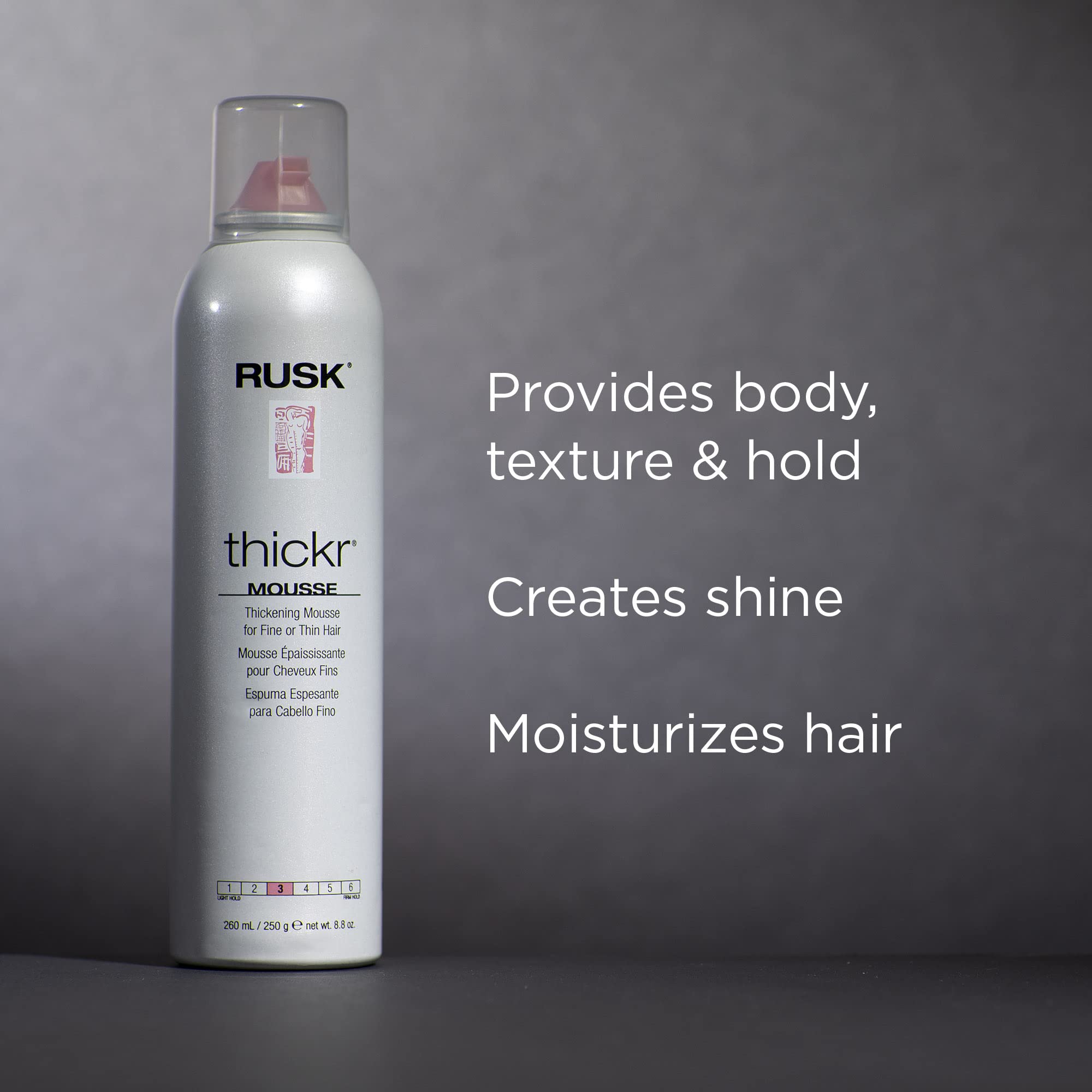 Back packaging label of Rusk Thickr Mousse highlighting Thermaplex formula and ingredients