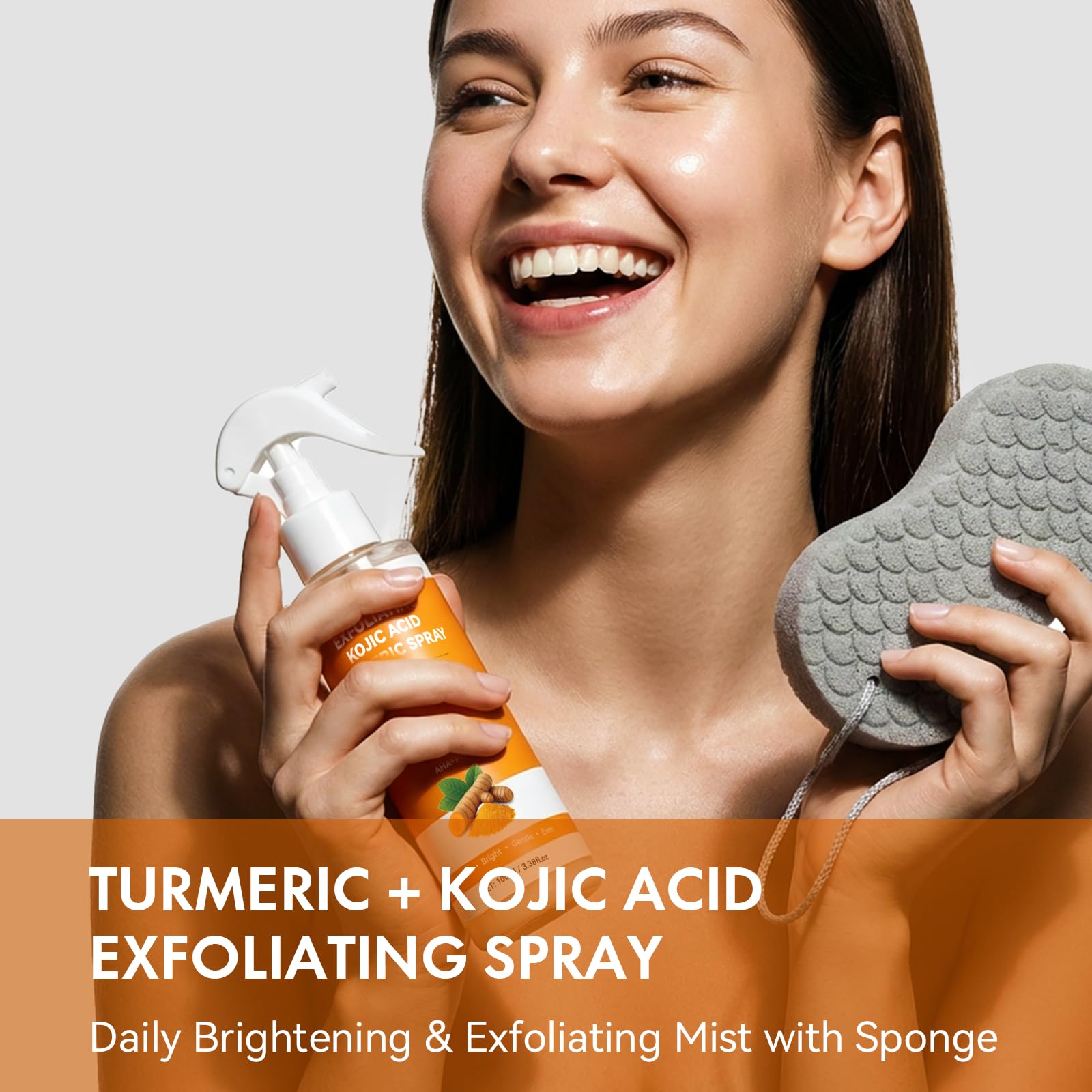 Eelhoe 100ml exfoliating body spray with Kojic Acid and Turmeric ingredients highlighted
