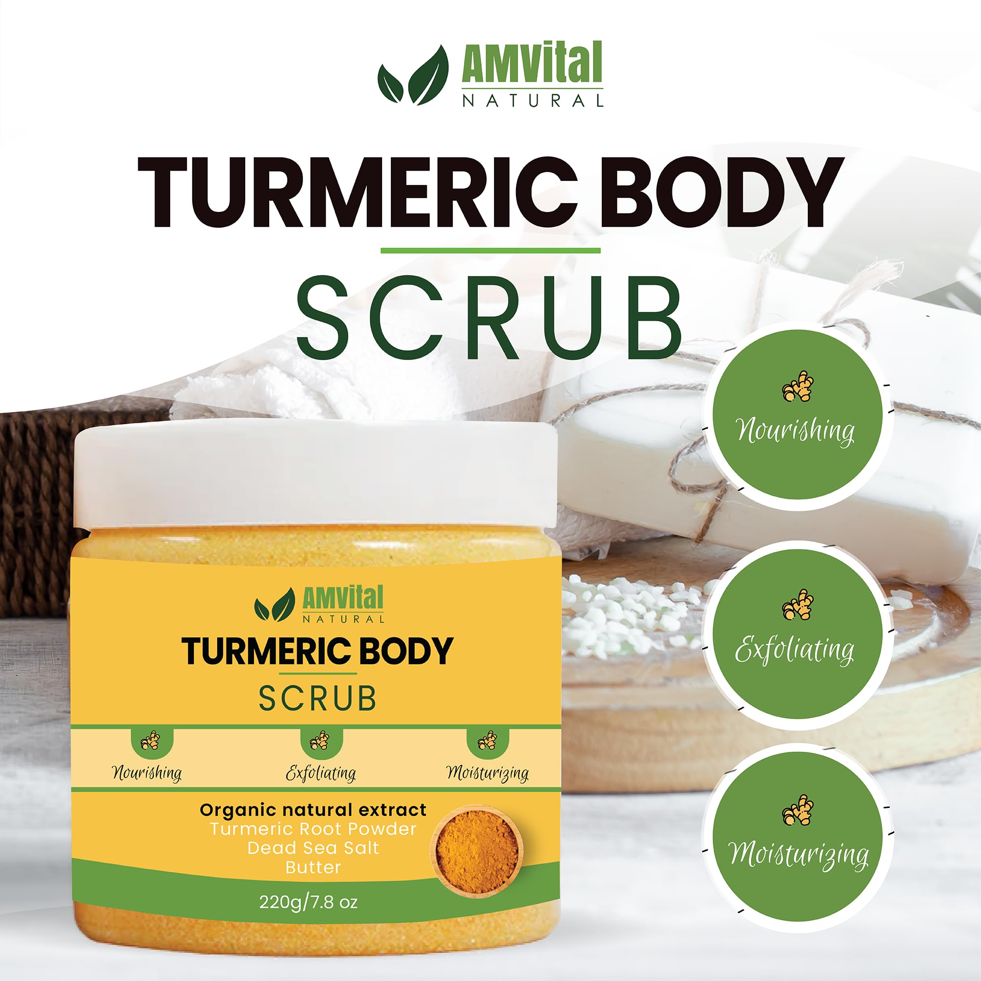 AMVital Turmeric Body Scrub packaging showcasing plant-based ingredients like turmeric and shea butter.