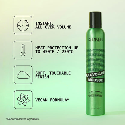 Redken Full Volume Mousse 12.1 fluid ounce packaging showcasing medium control rating