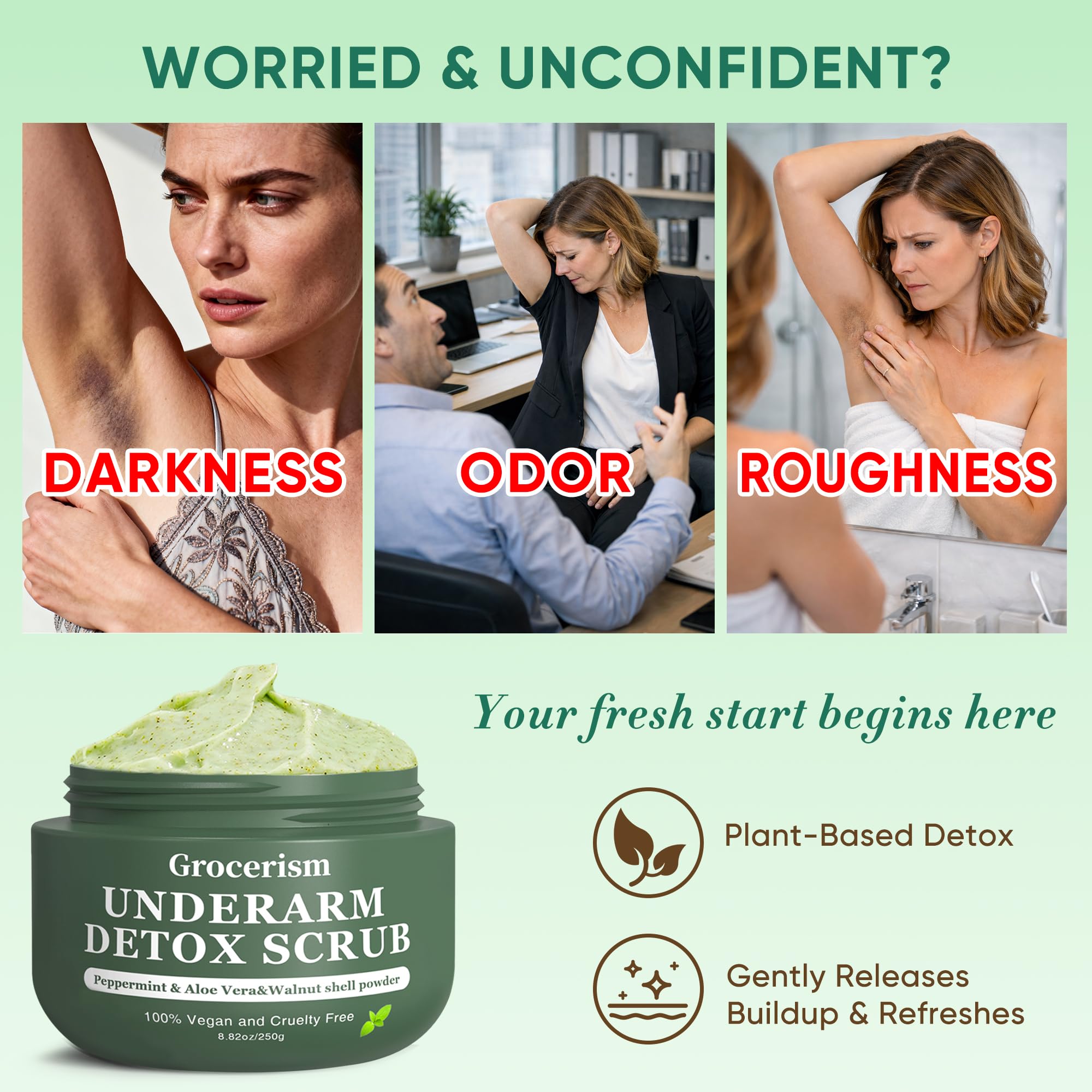 Grocerism underarm exfoliator packaging showcasing natural walnut shell powder