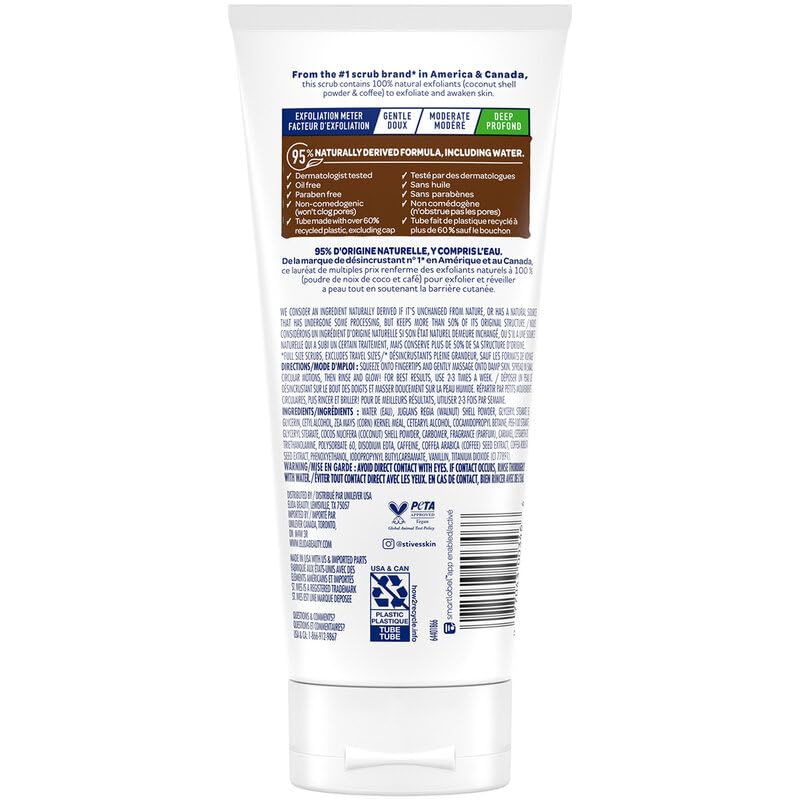St. Ives Rise and Energize exfoliating scrub tube showing natural ingredients