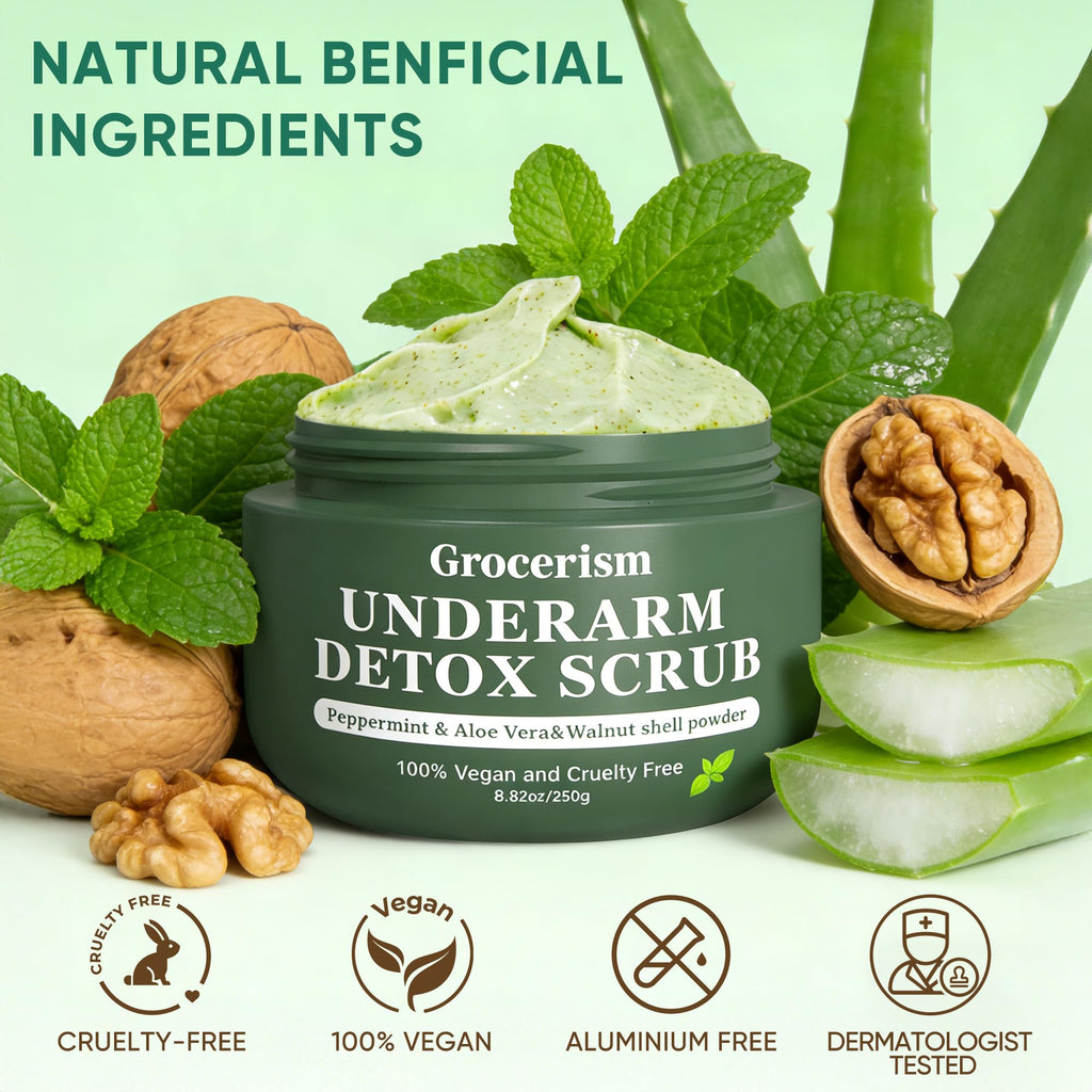 Back label of Grocerism scrub showing ingredients and instructions
