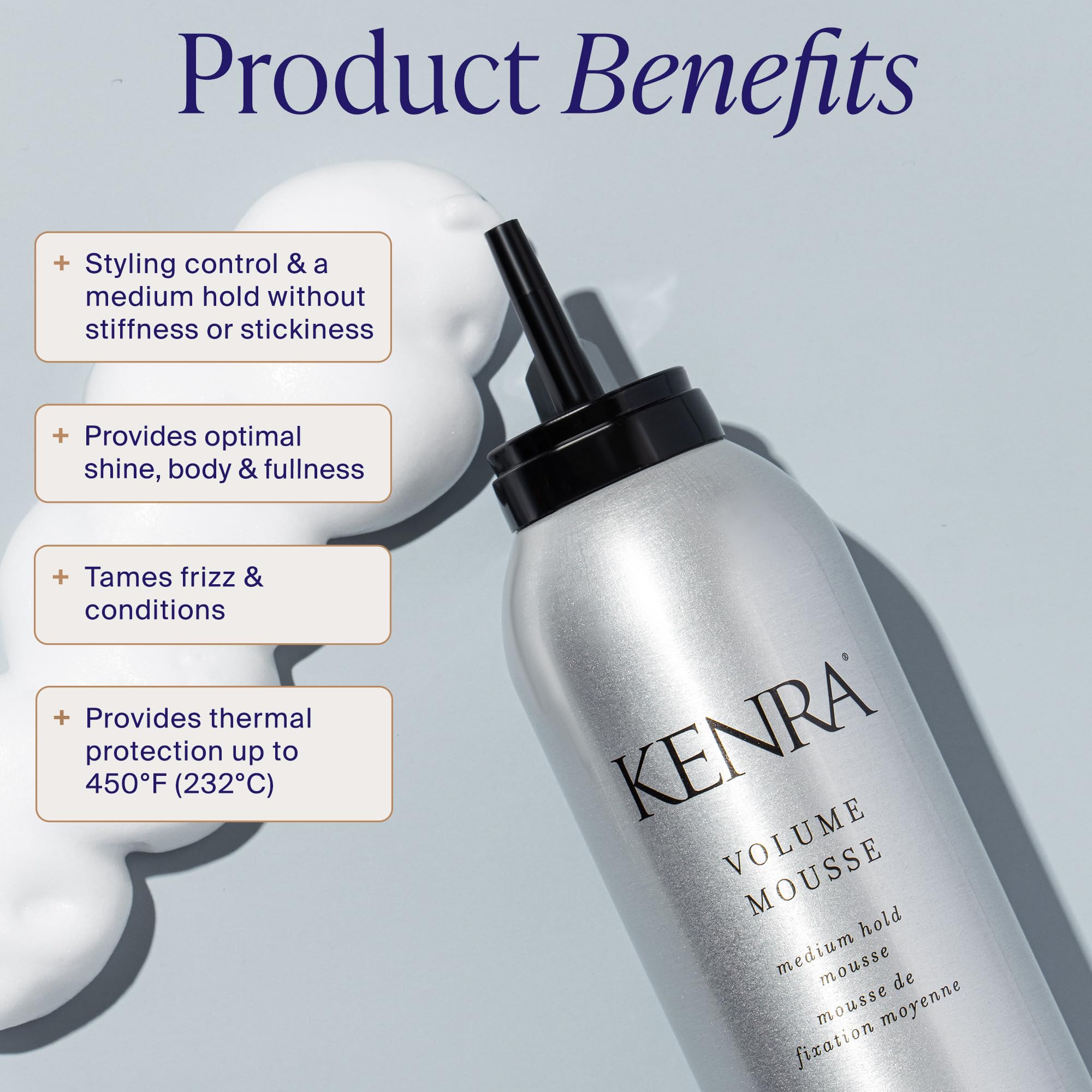 Kenra medium hold hair styling mousse being dispensed into palm for fine hair application