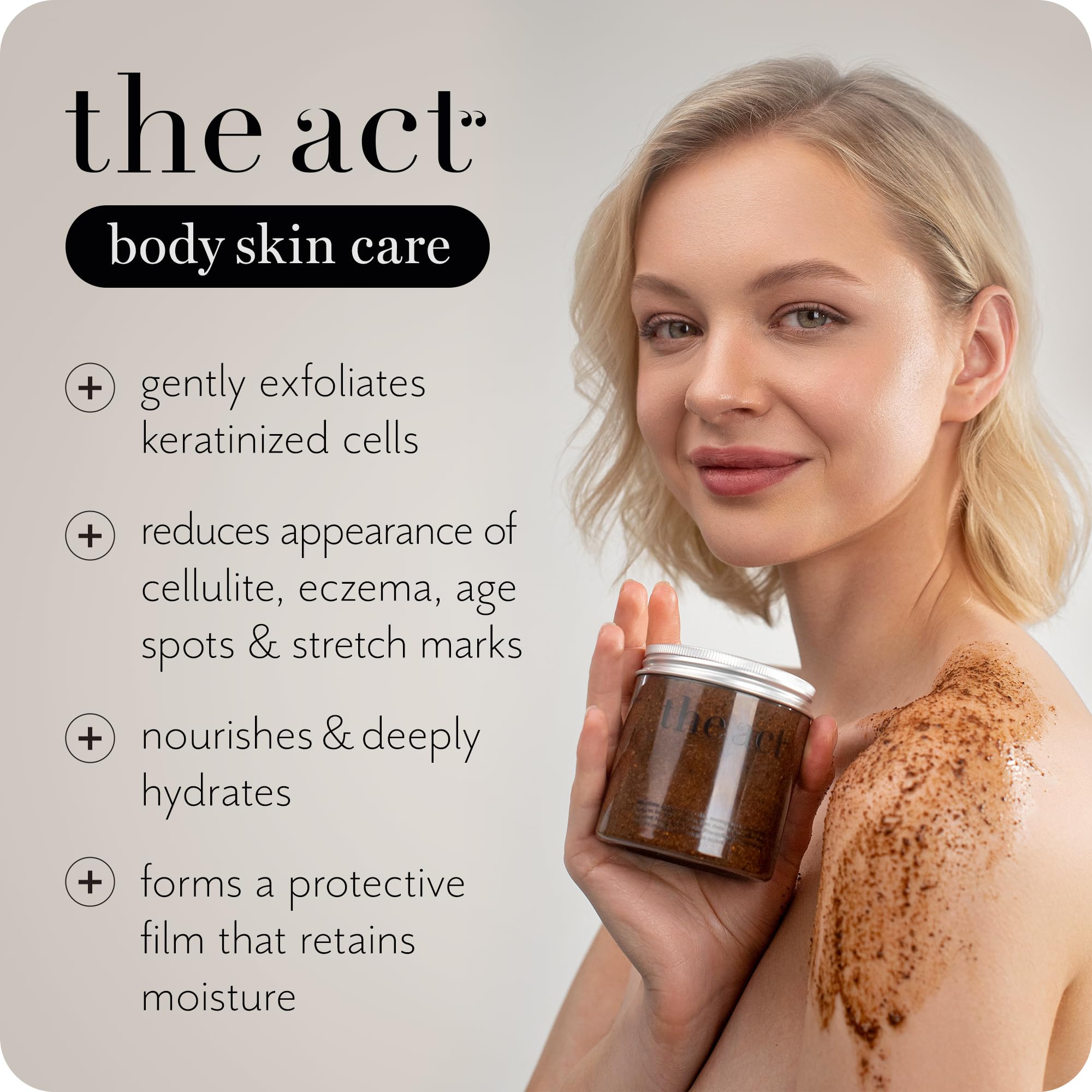 Premium coffee body scrub by The Act for cellulite and stretch marks