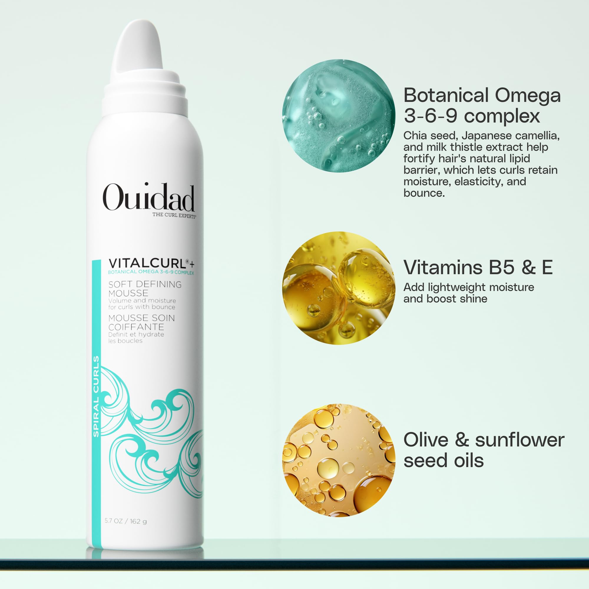Ouidad spiral curl defining mousse bottle showing ingredients and instructions