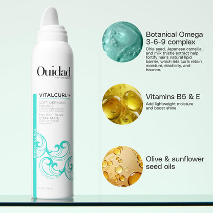 Ouidad spiral curl defining mousse bottle showing ingredients and instructions
