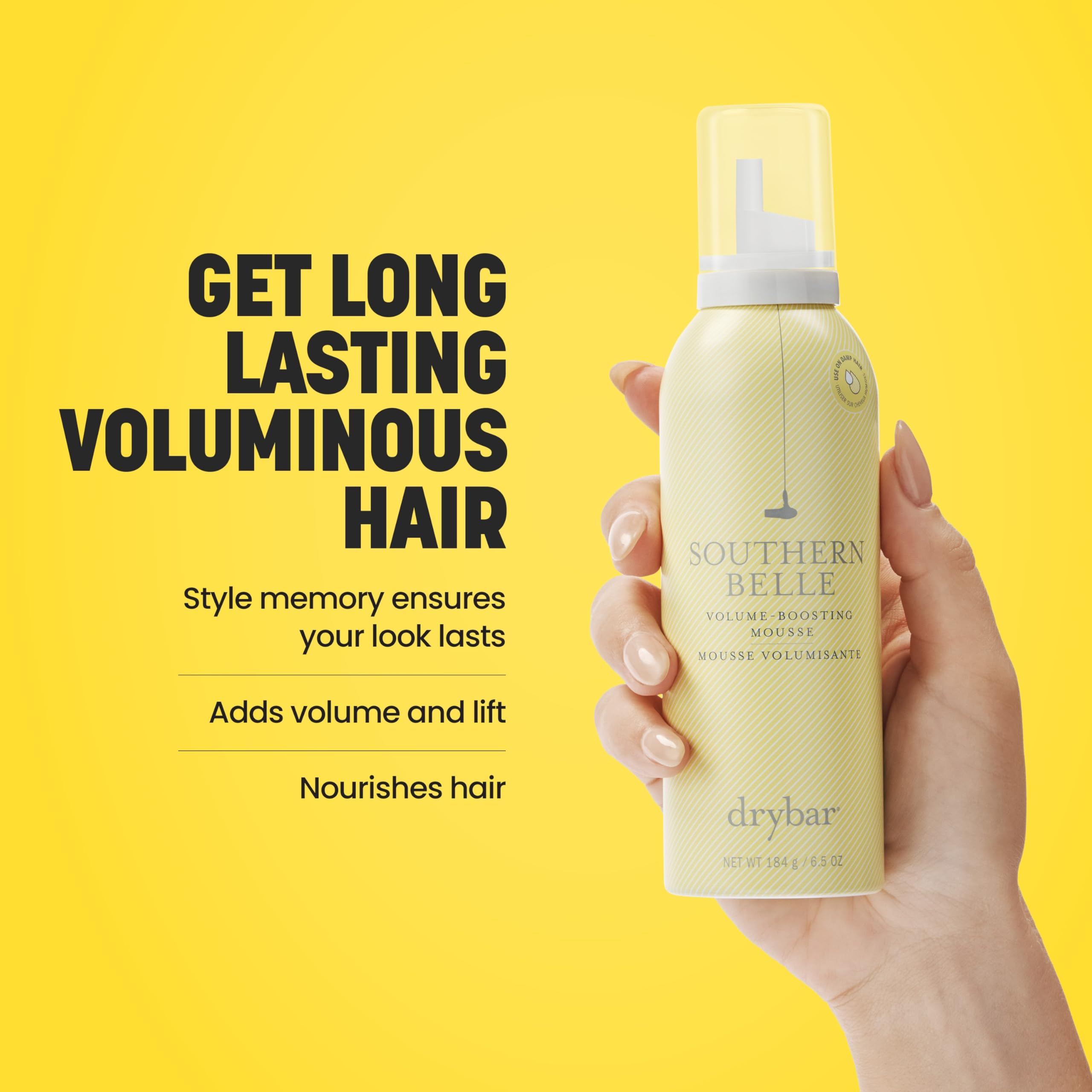 Drybar hair mousse bottle on white background