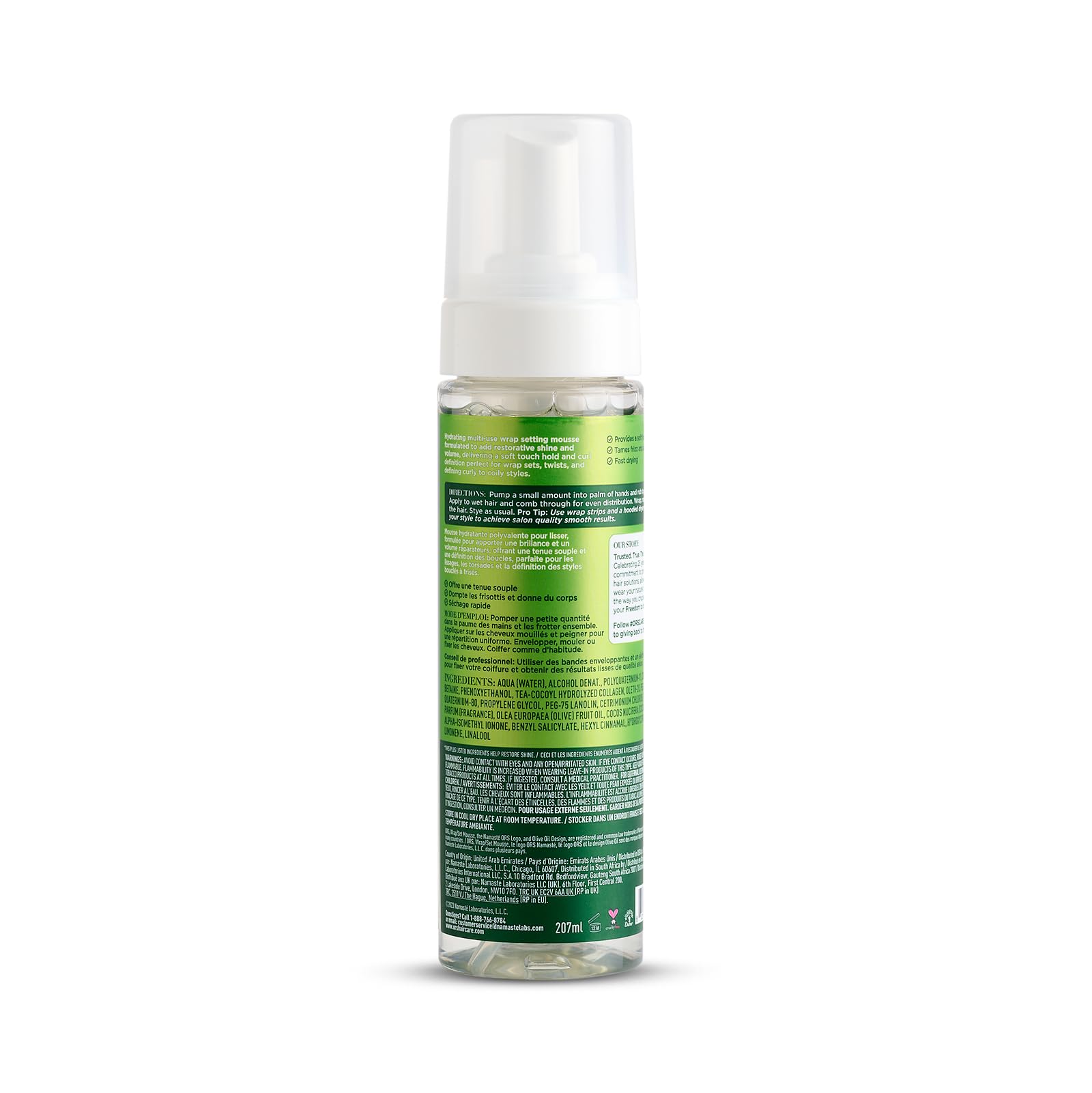 ORS styling foam bottle displaying ingredients and coconut oil infusion details.